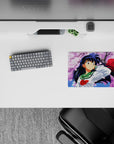 Pink sky and drifting petals on a 14x10 inches anime mouse pad, calm spring romance with red and green.