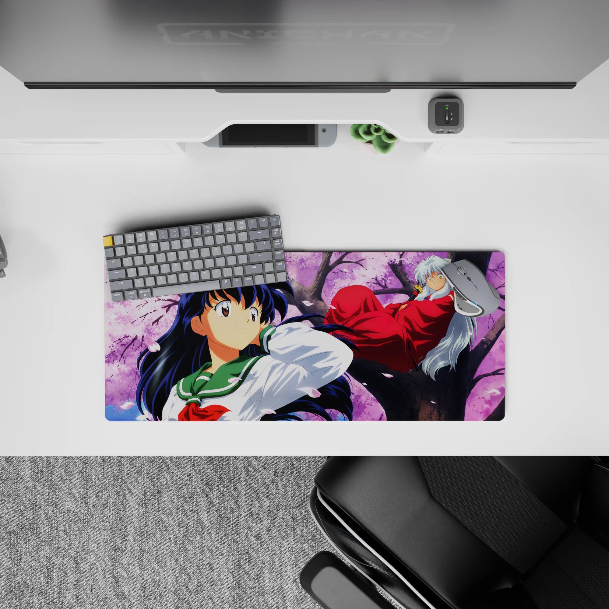 28x12 inches anime desk mat in pink sky and cherry blossoms, red robes and soft spring breeze mood.