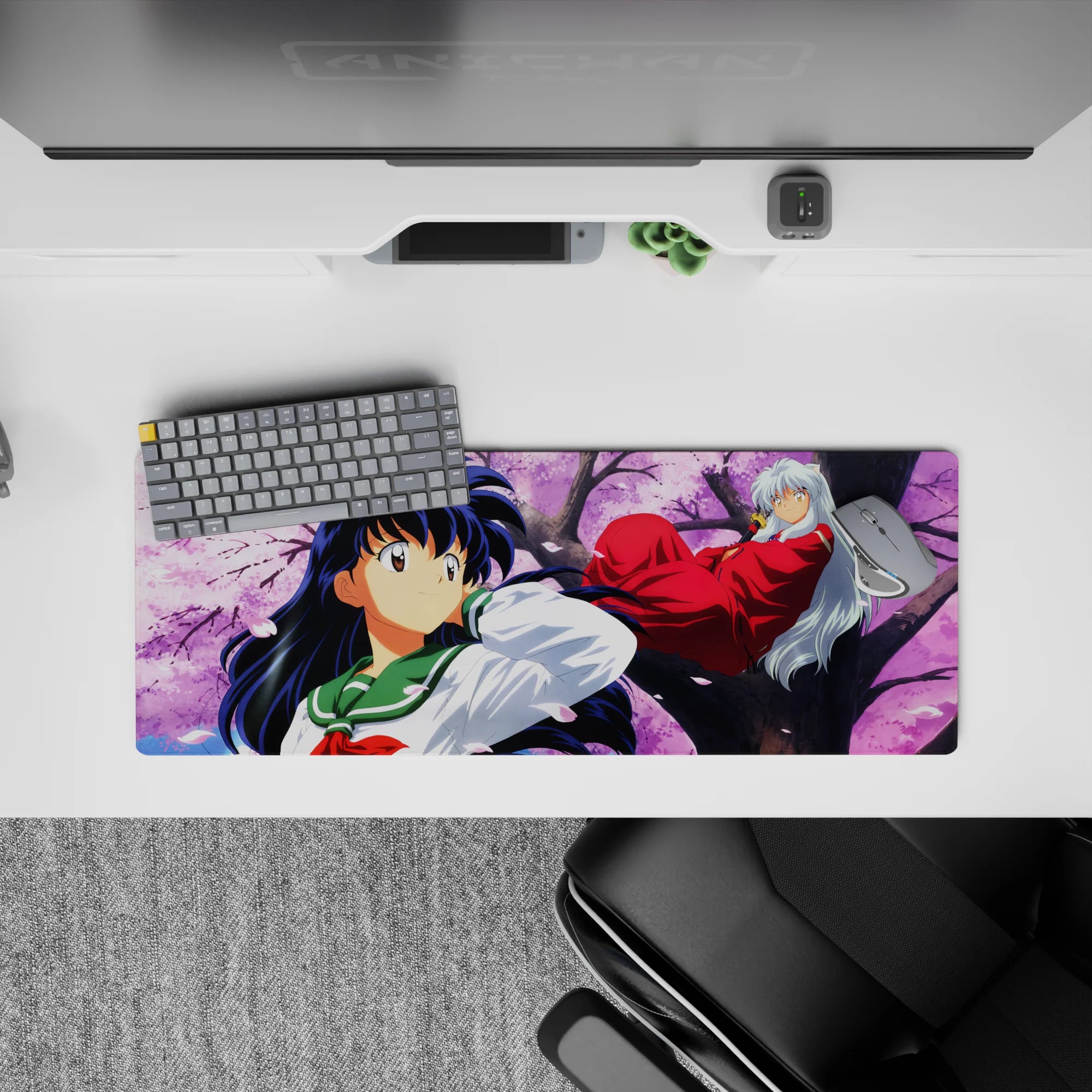 Pink sky and spring calm anime mouse pad 32x12 inches, red robes and green uniform in soft breeze.