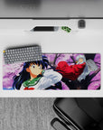 Pink sky and spring calm anime mouse pad 32x12 inches, red robes and green uniform in soft breeze.