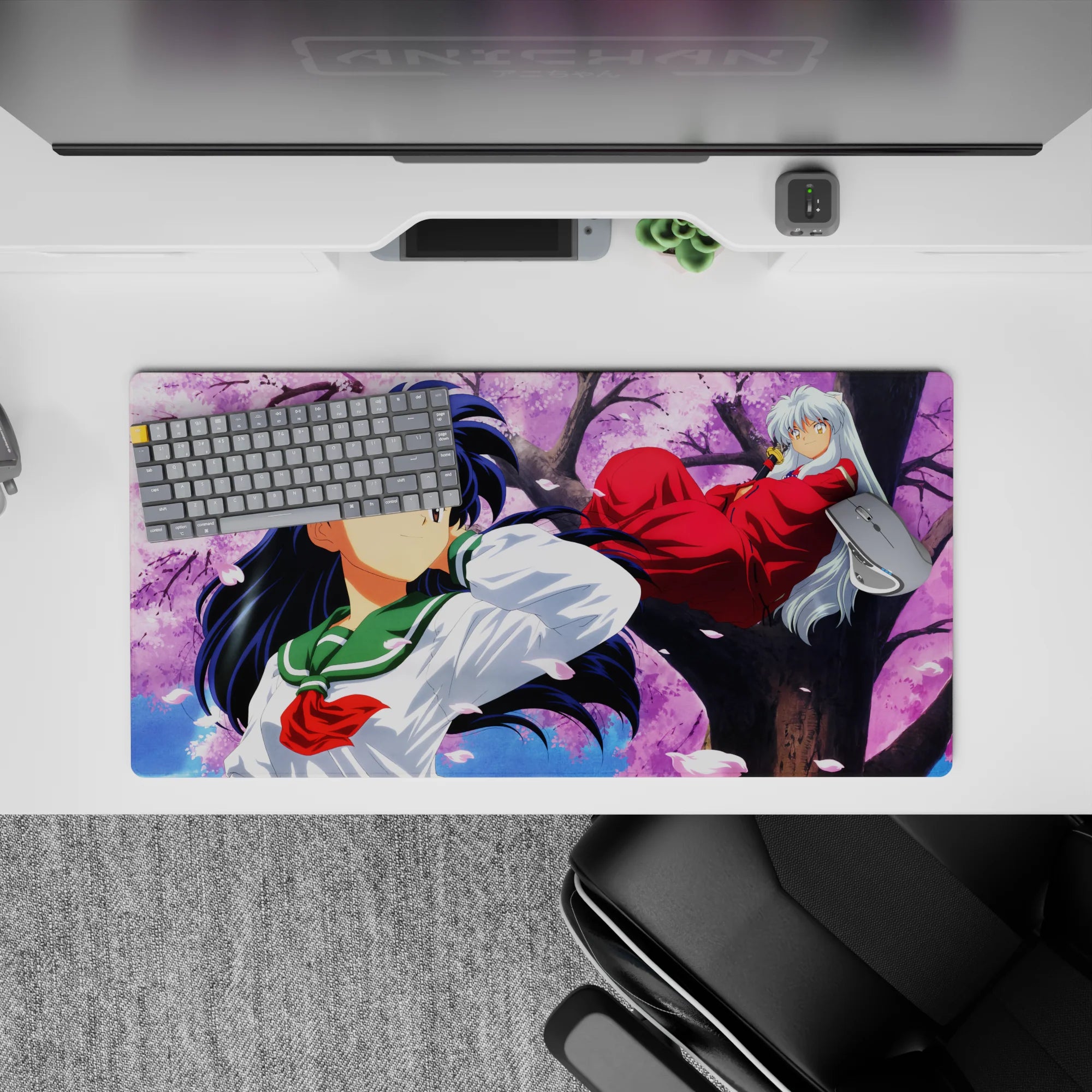 32x16 inches anime mouse pad in pink sky with drifting sakura petals, calm spring romance tones.