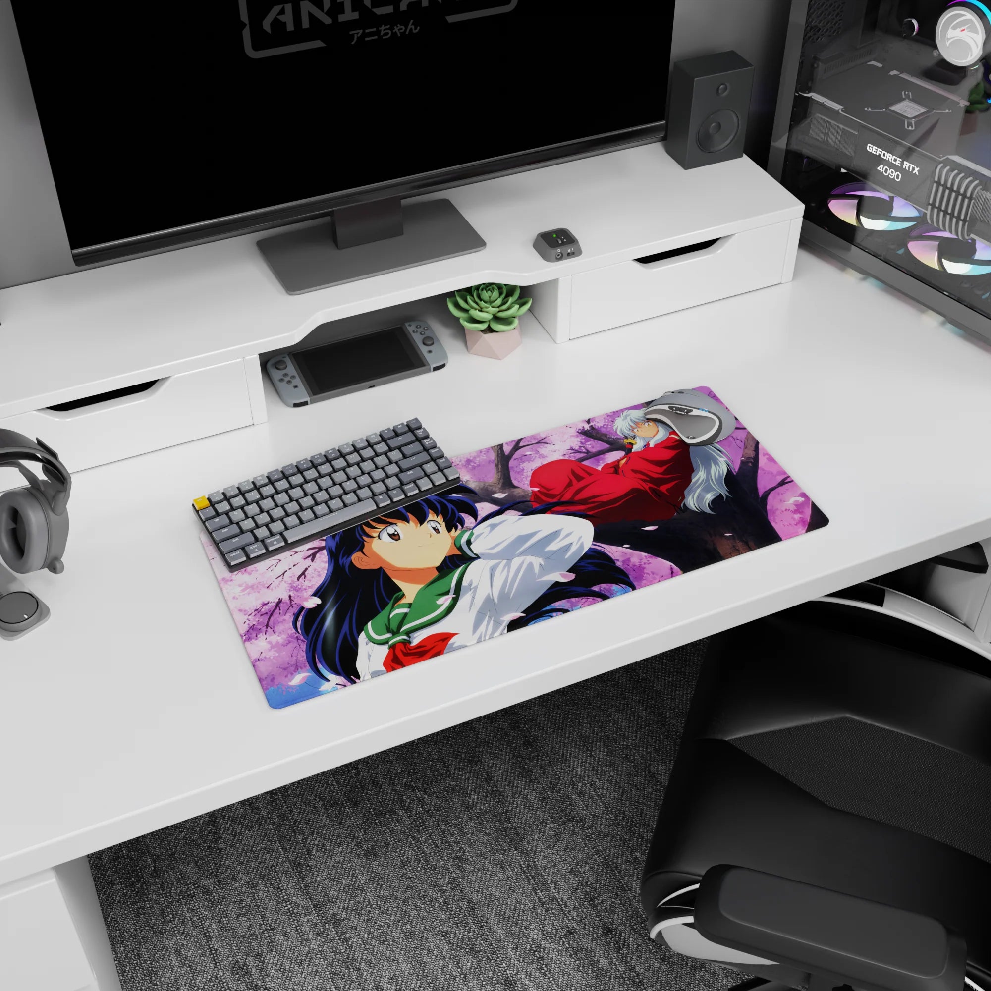28x12 inches Inuyasha and Kagome mouse pad, cozy romance scene under falling sakura petals.