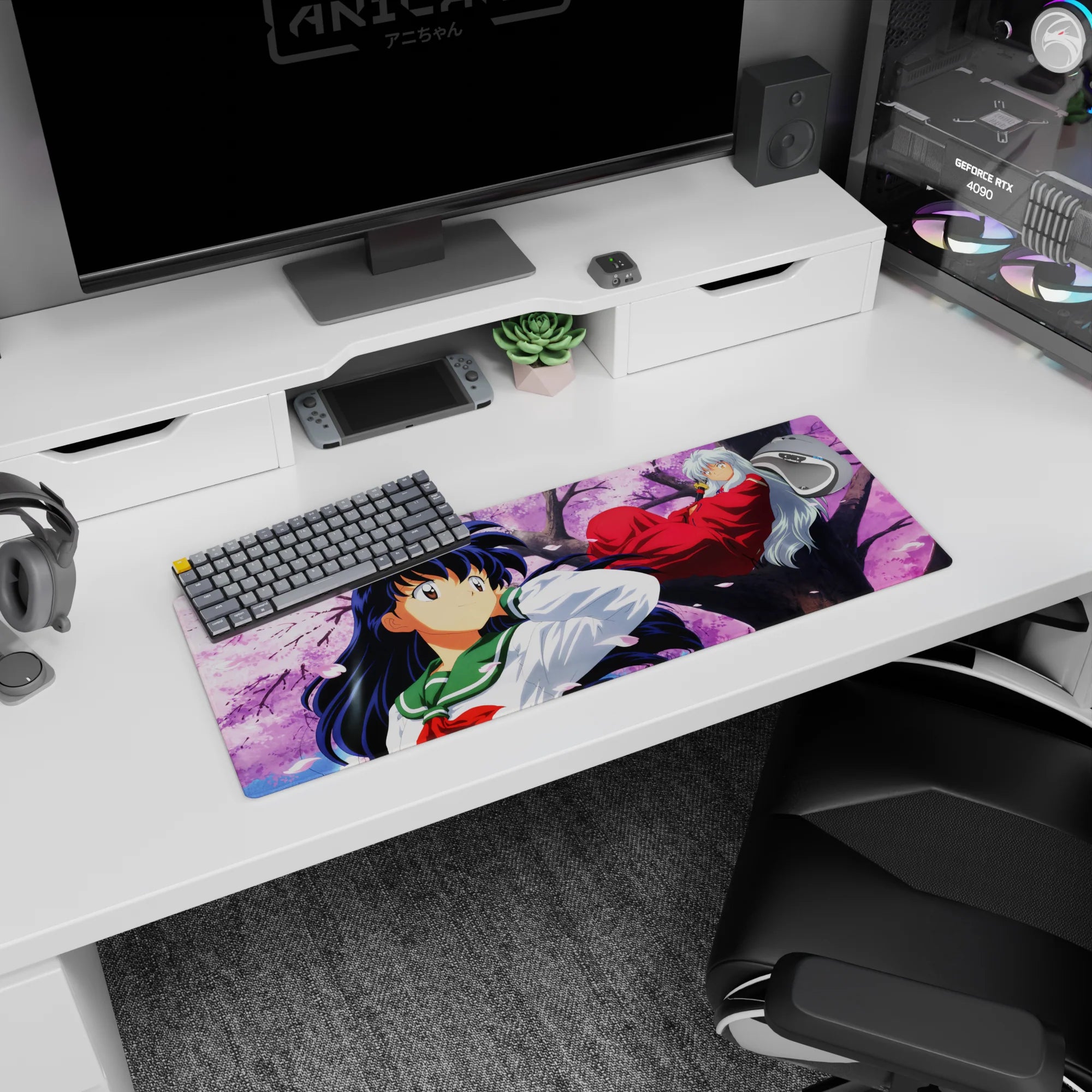 Kagome and Inuyasha on a sakura branch anime mouse pad 32x12 inches, cozy romance and adventure.