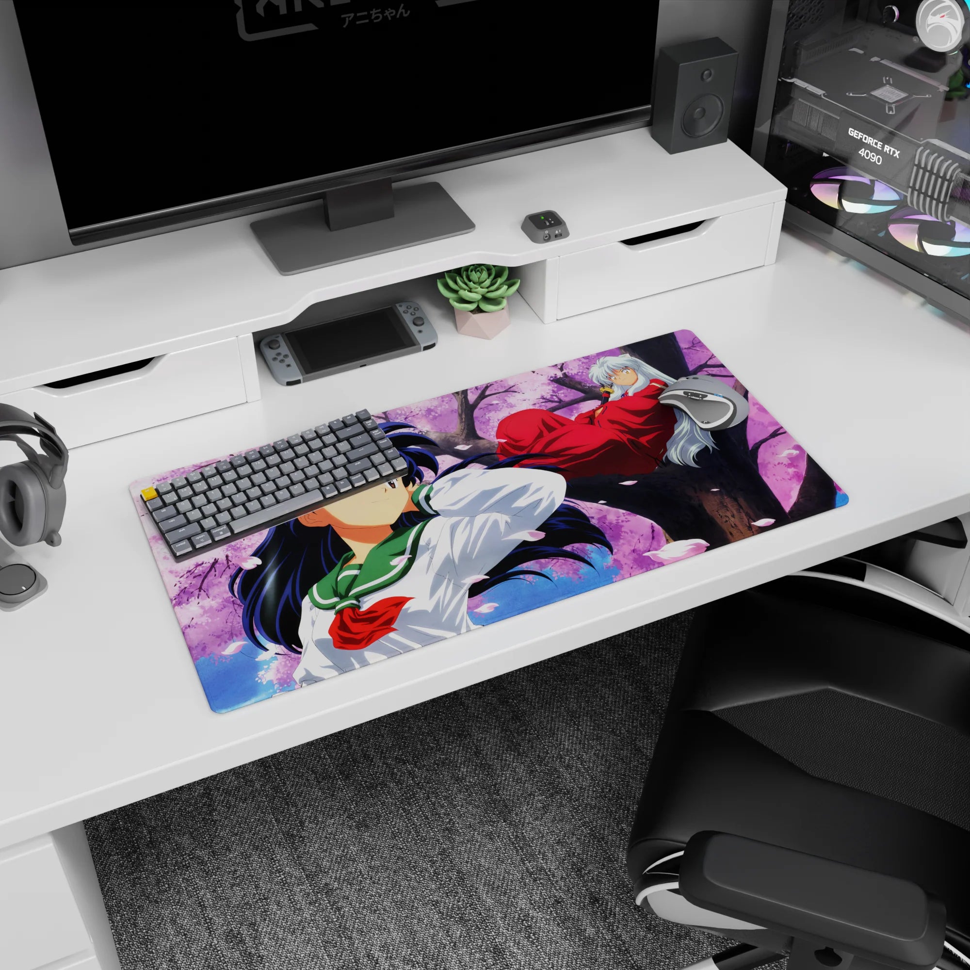 32x16 inches Inuyasha and Kagome mouse pad, red robes on cherry branch, breezy hair and fabric.