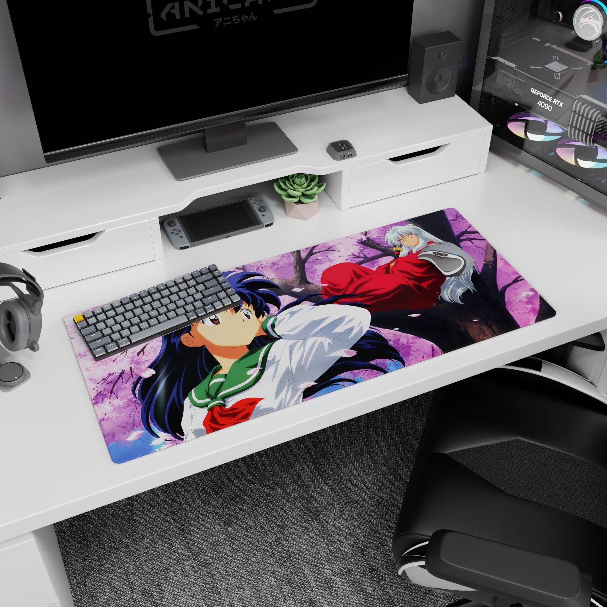 Inuyasha lounging on sakura branch above smiling Kagome anime desk pad 36x16 inches, flowing hair.