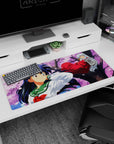 Inuyasha lounging on sakura branch above smiling Kagome anime desk pad 36x16 inches, flowing hair.