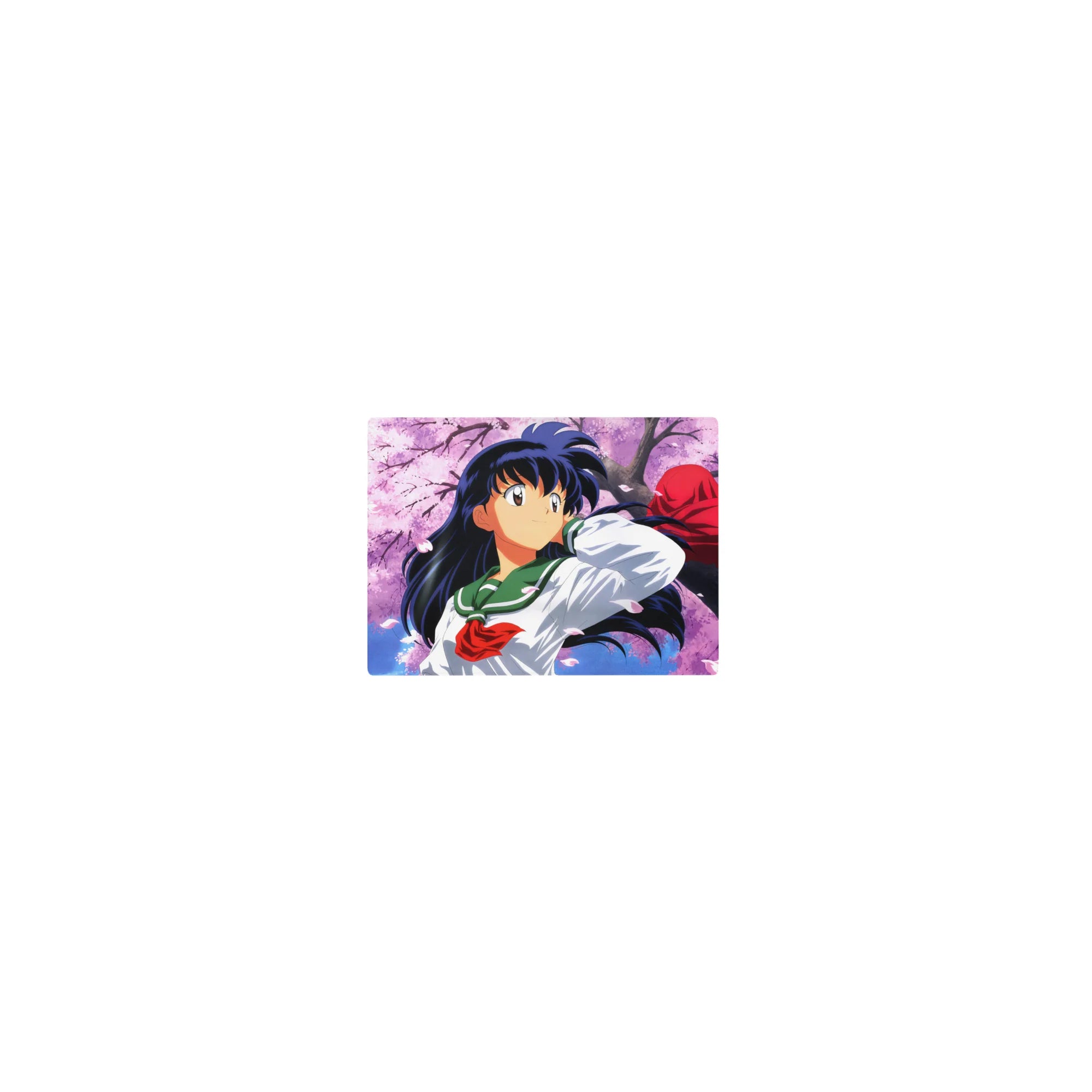 Classic anime mouse pad 14x10 inches with Kagome and Inuyasha under sakura petals, crisp linework.