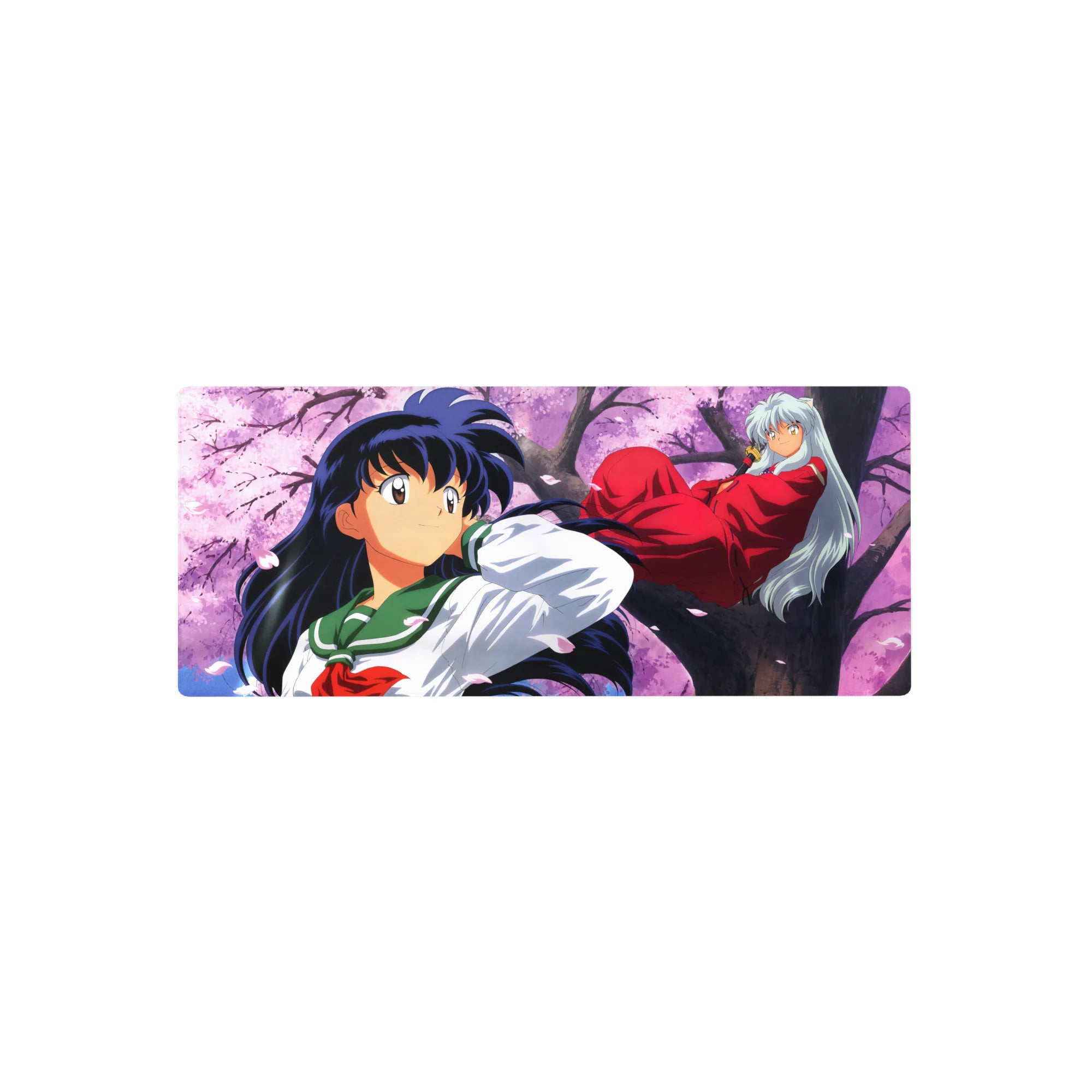 28x12 inches anime mouse pad with Kagome in green uniform and Inuyasha on a sakura branch, petals.