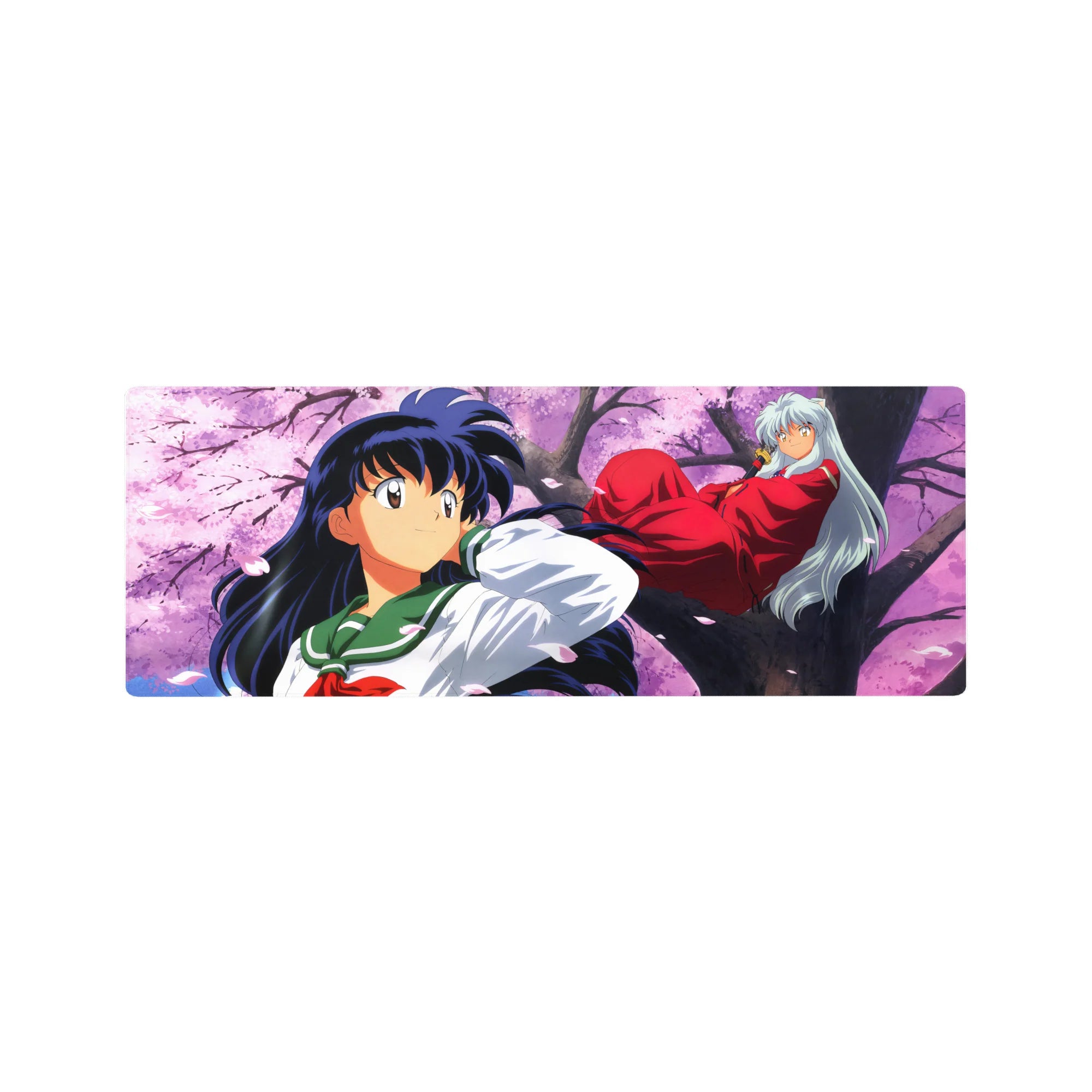Panoramic anime mouse pad 32x12 inches with sakura branch scene, drifting petals, flowing hair and fabric.