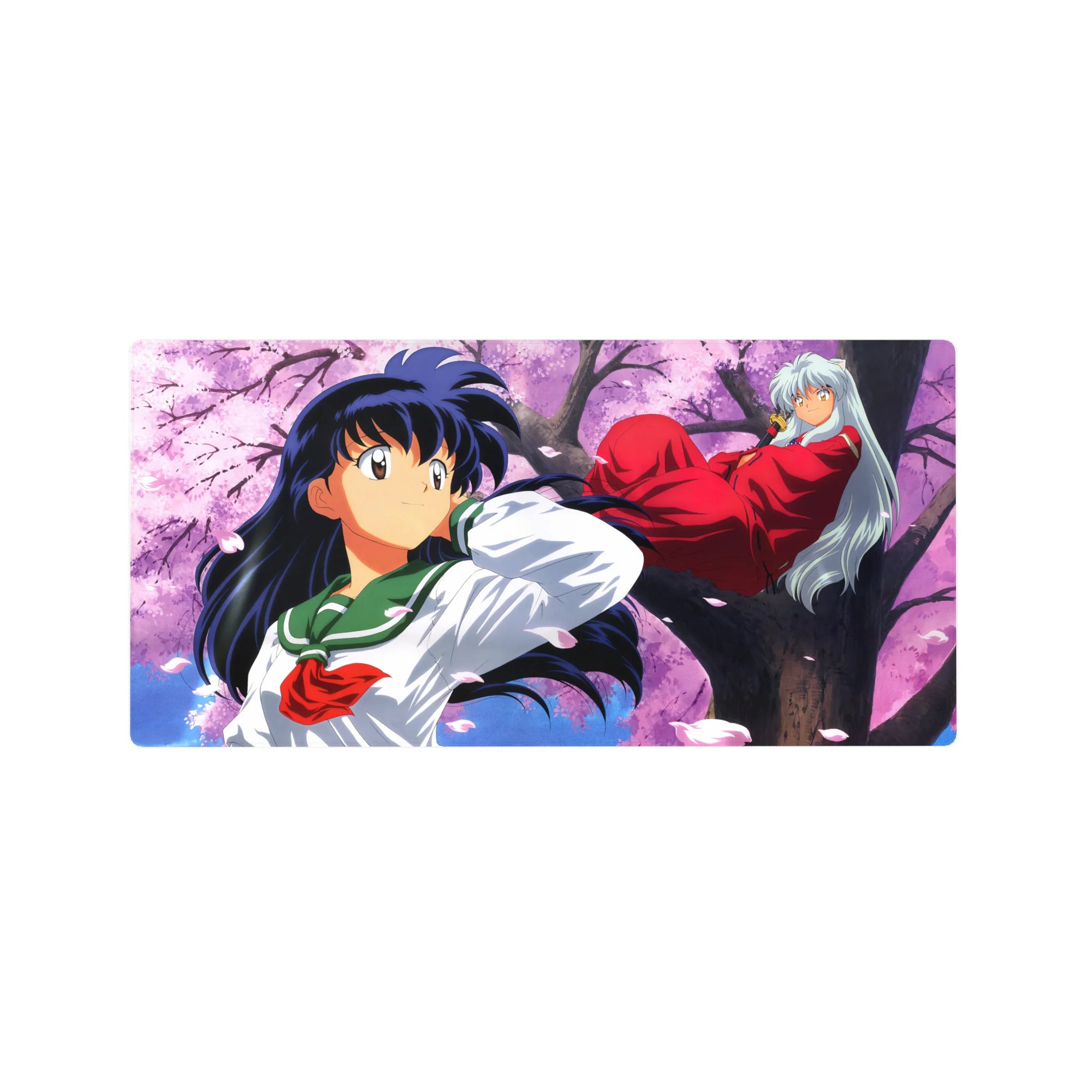 32x16 inches anime mouse pad with Kagome in green uniform and Inuyasha on sakura branch, petals.
