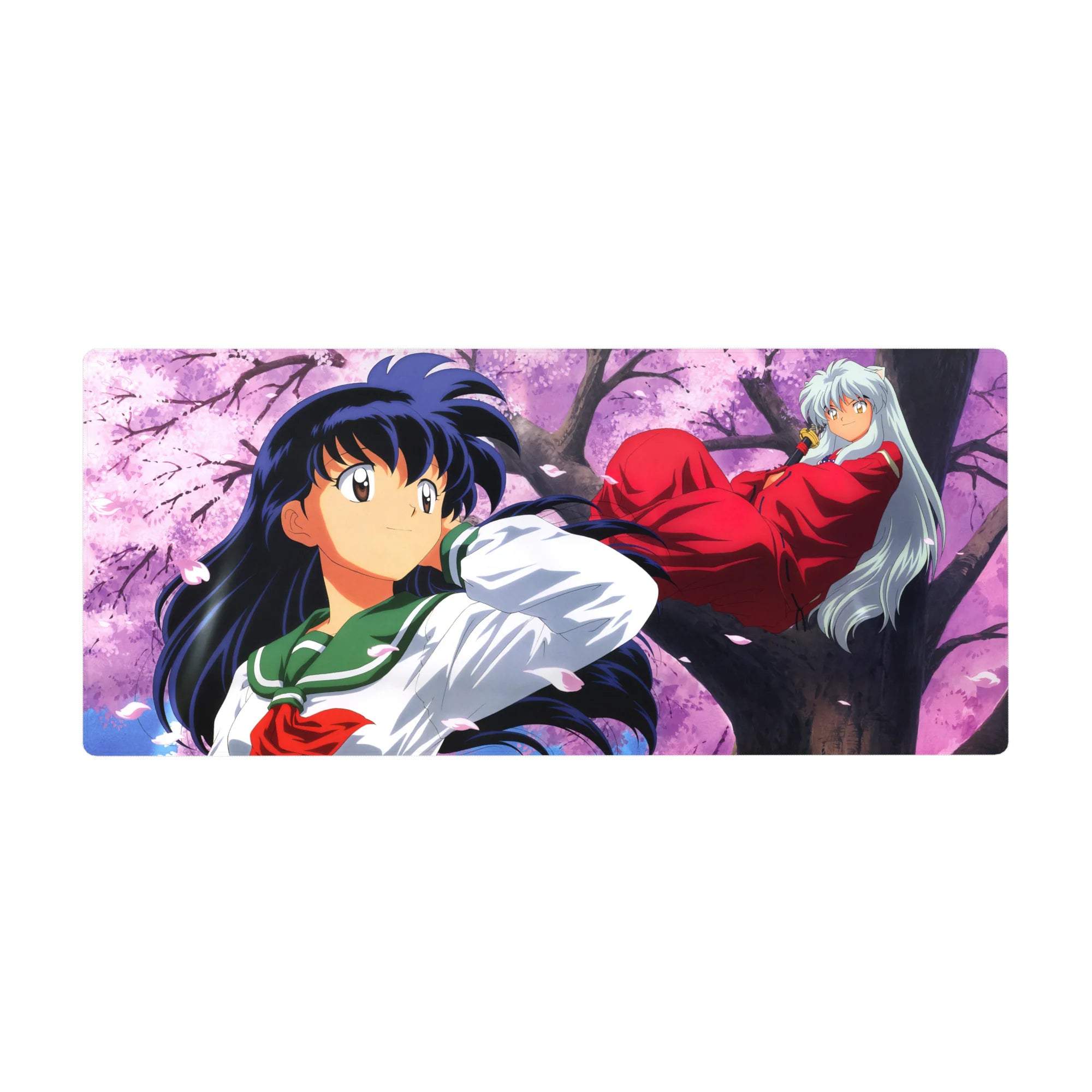 Spring sakura anime desk pad 36x16 inches with Kagome in green uniform and Inuyasha on a branch.