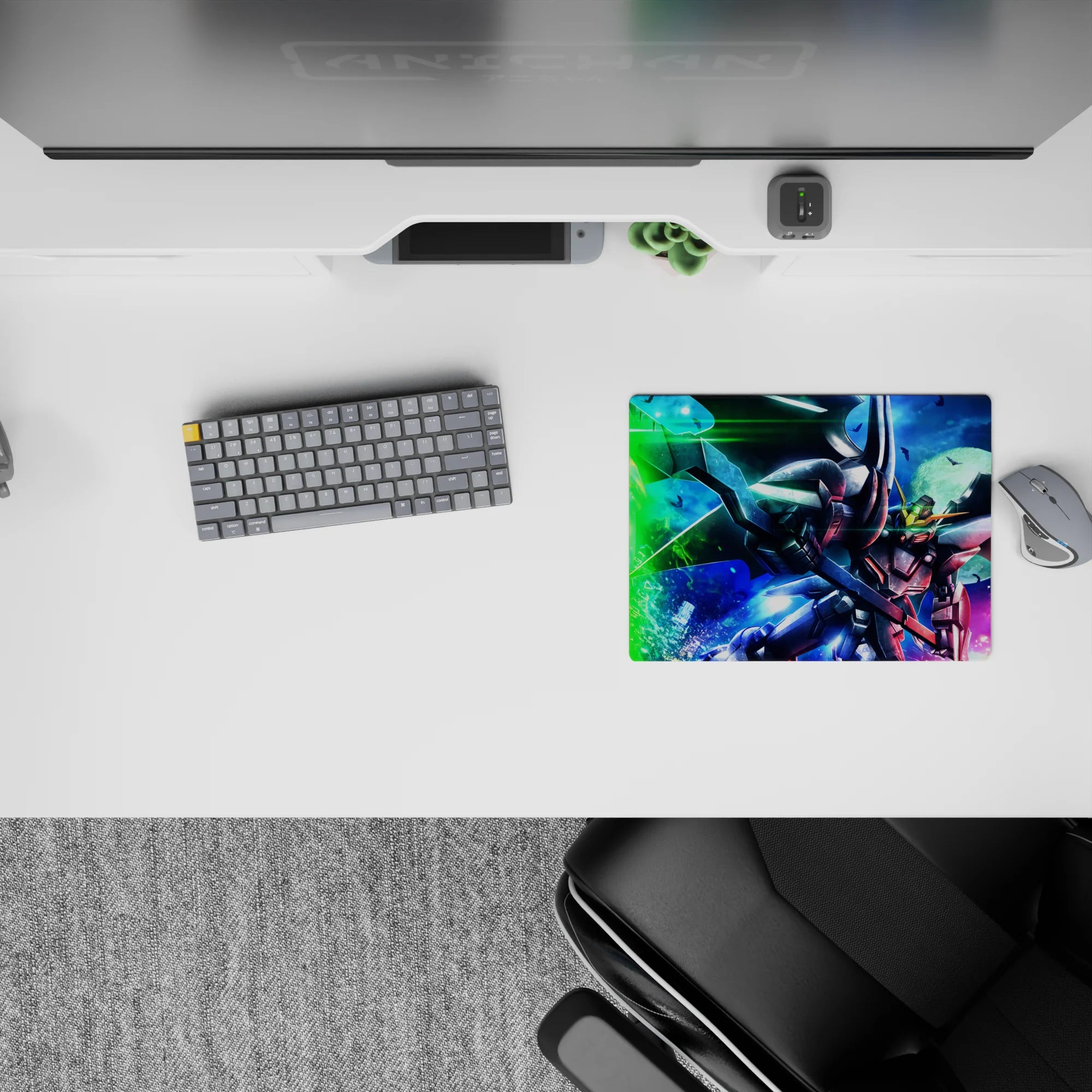 Neon green, deep blue, and hot pink anime mouse pad 14x10 inches with a fast, moonlit vibe.
