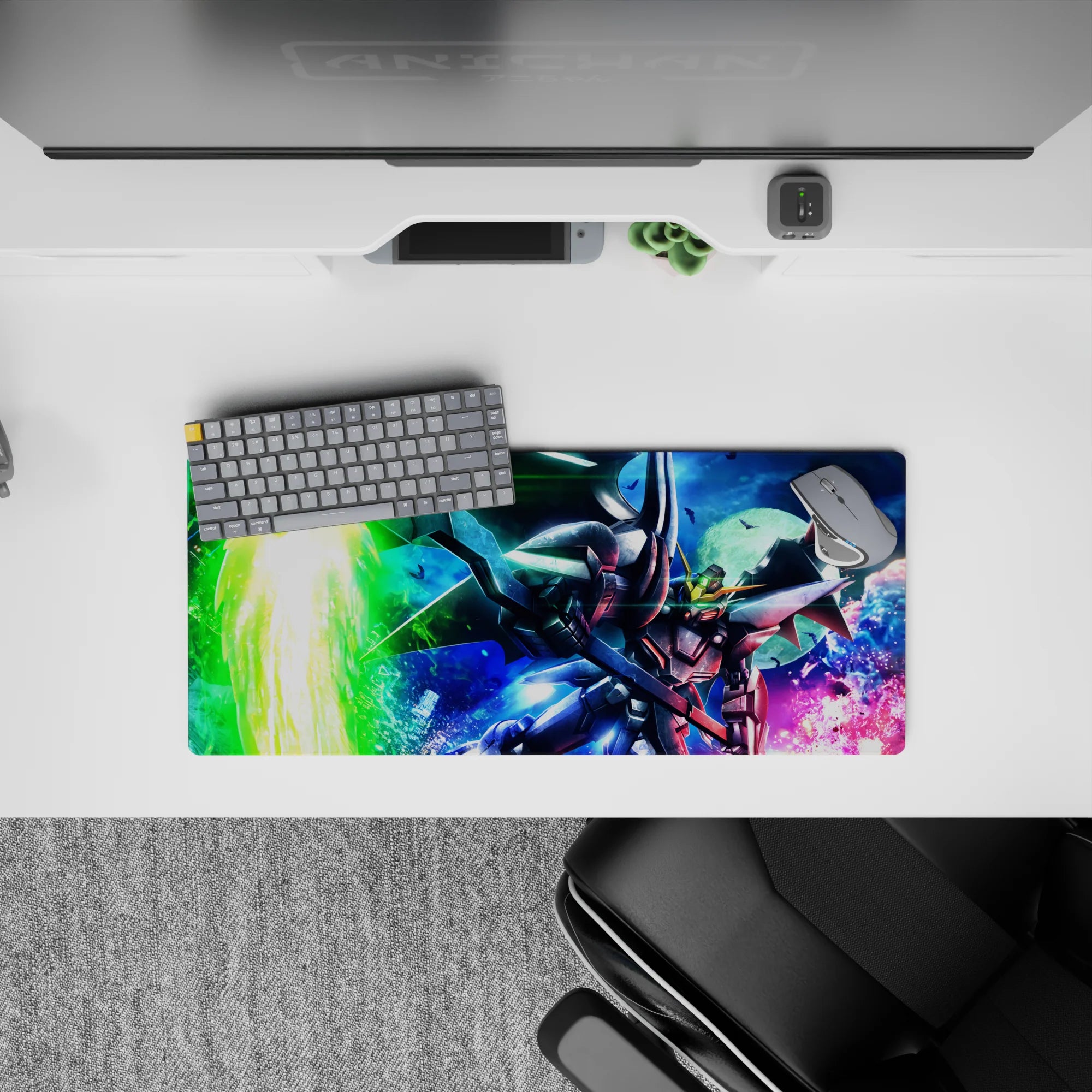 28x12 inches anime mouse pad in electric green, deep blue, and hot pink sparks with a late-night mecha vibe.