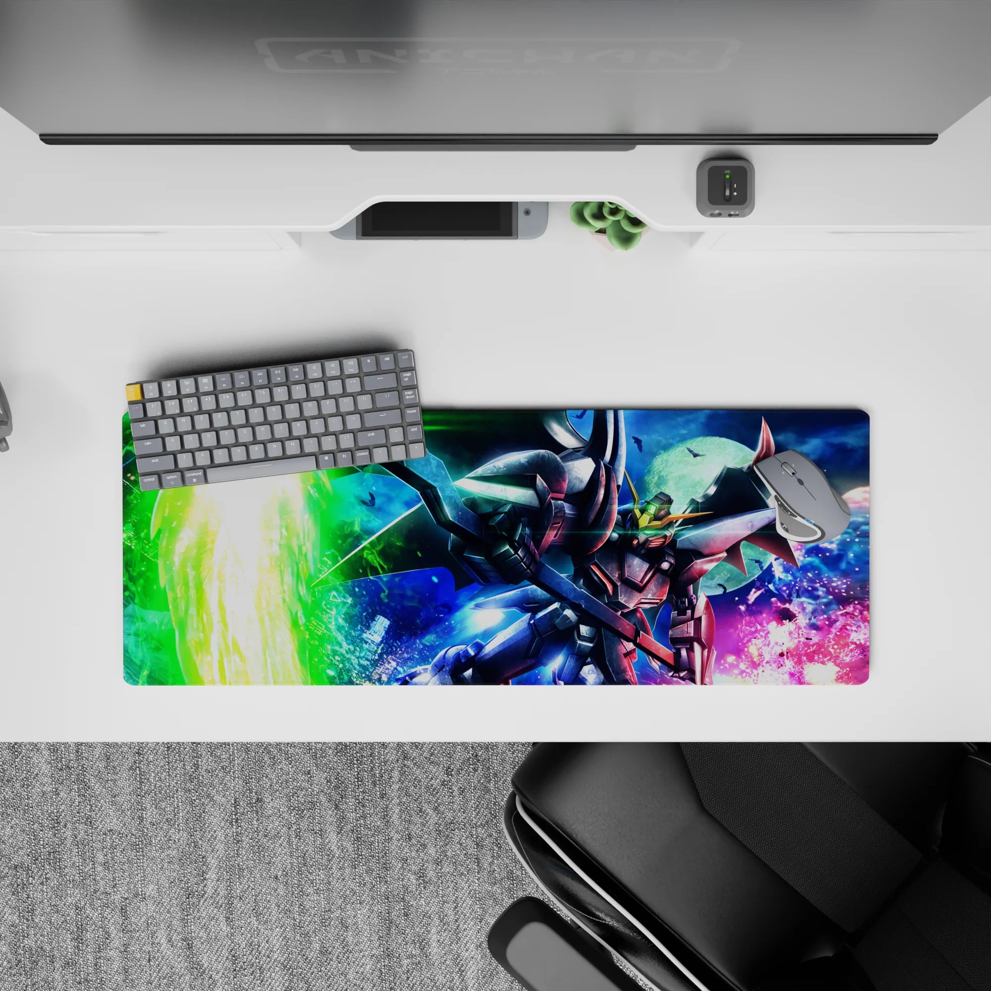 32x12 inches anime mouse pad in electric green, deep blue, and hot pink sparks, late-night mecha vibe.