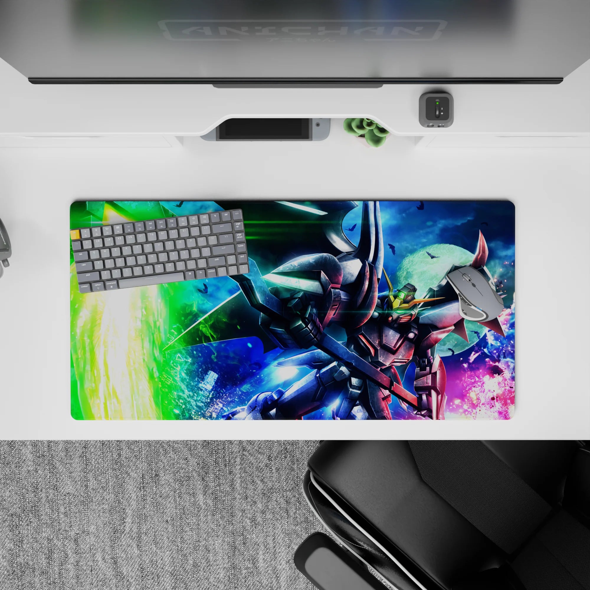 32x16 inches anime mouse pad in electric green, deep blue, and hot pink sparks for late-night mecha vibes.