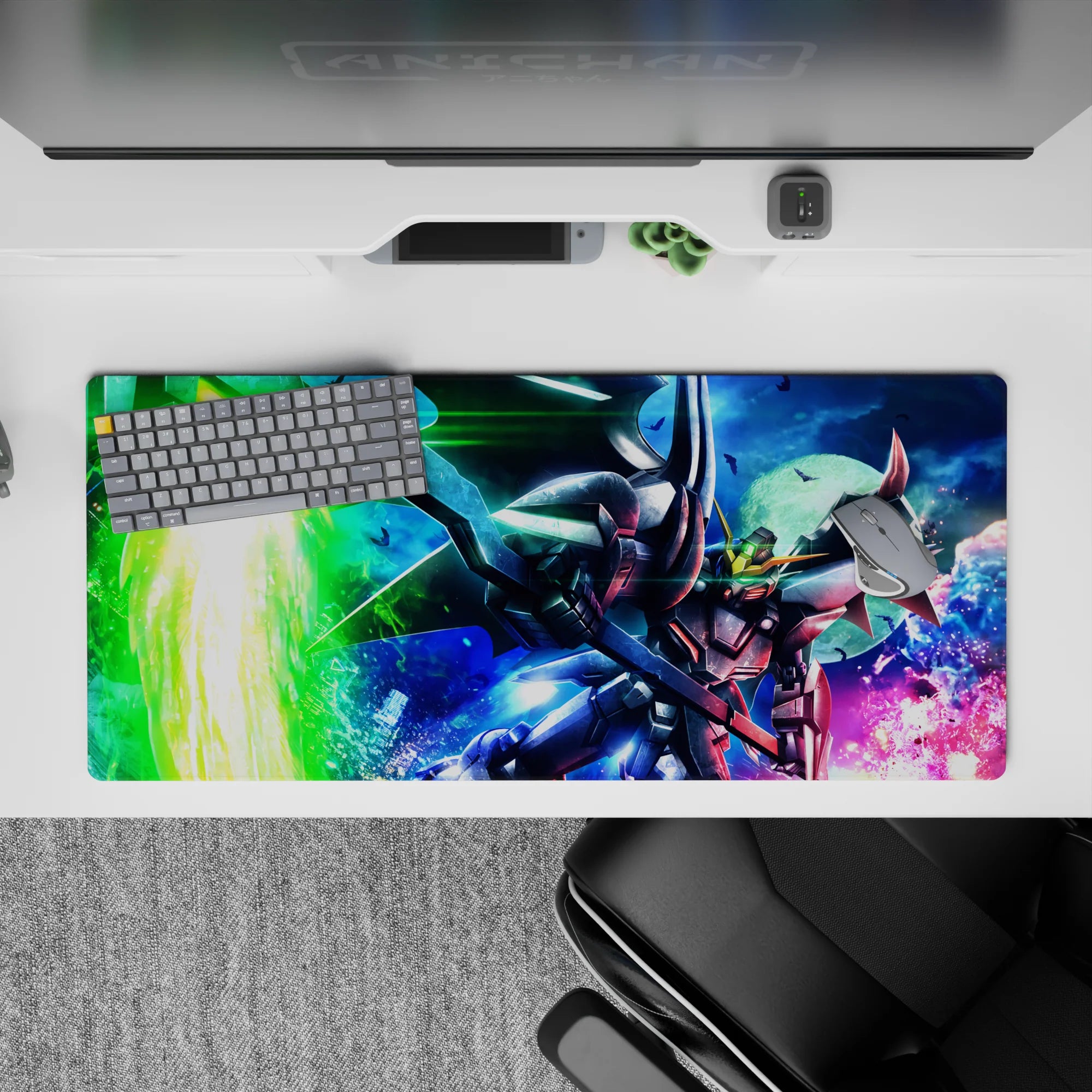 36x16 inches anime mouse pad in electric green, deep blue, and hot pink sparks, high-speed mecha vibe.
