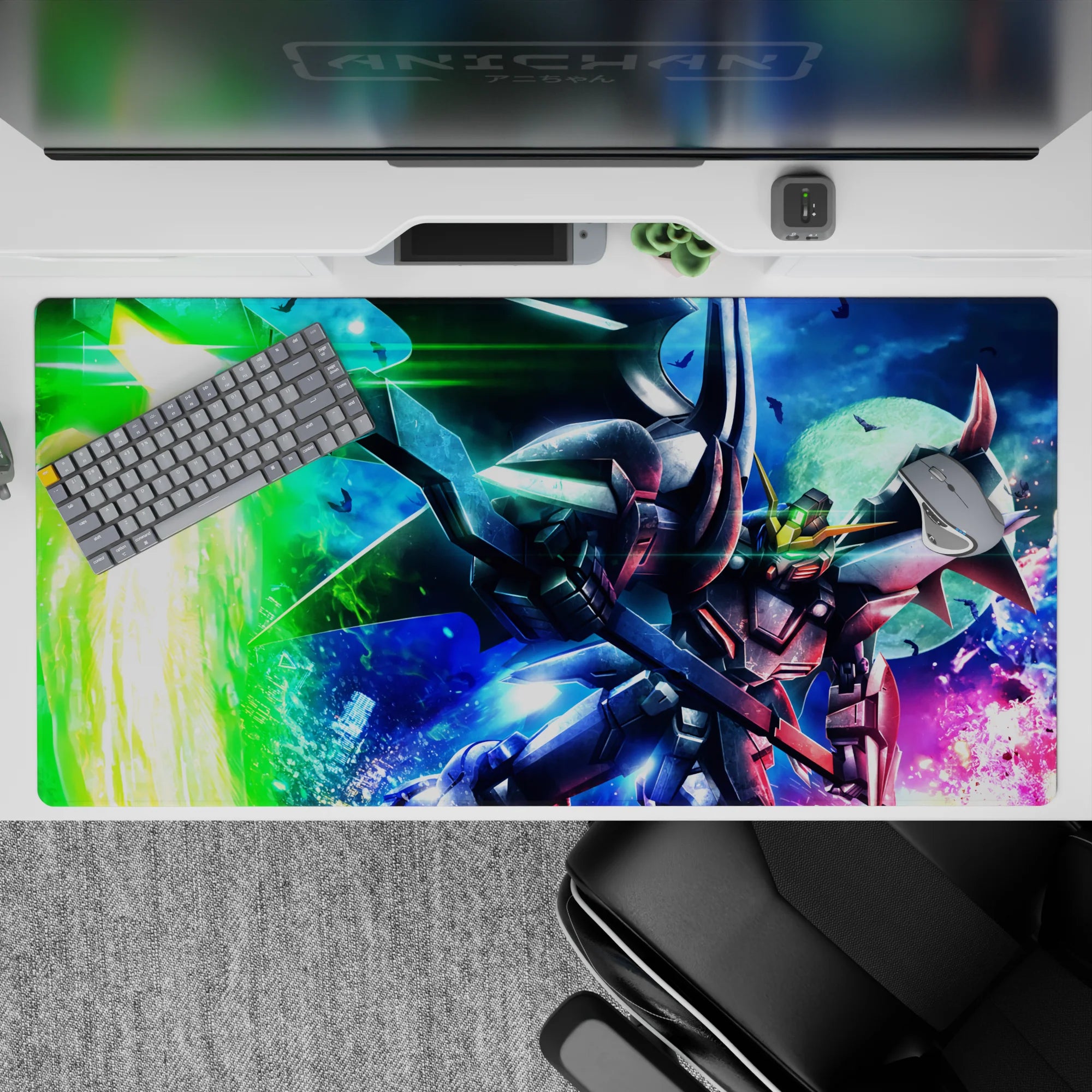 Neon green, deep blue, and hot pink anime desk pad 40x20 inches with high-speed late-night vibes.