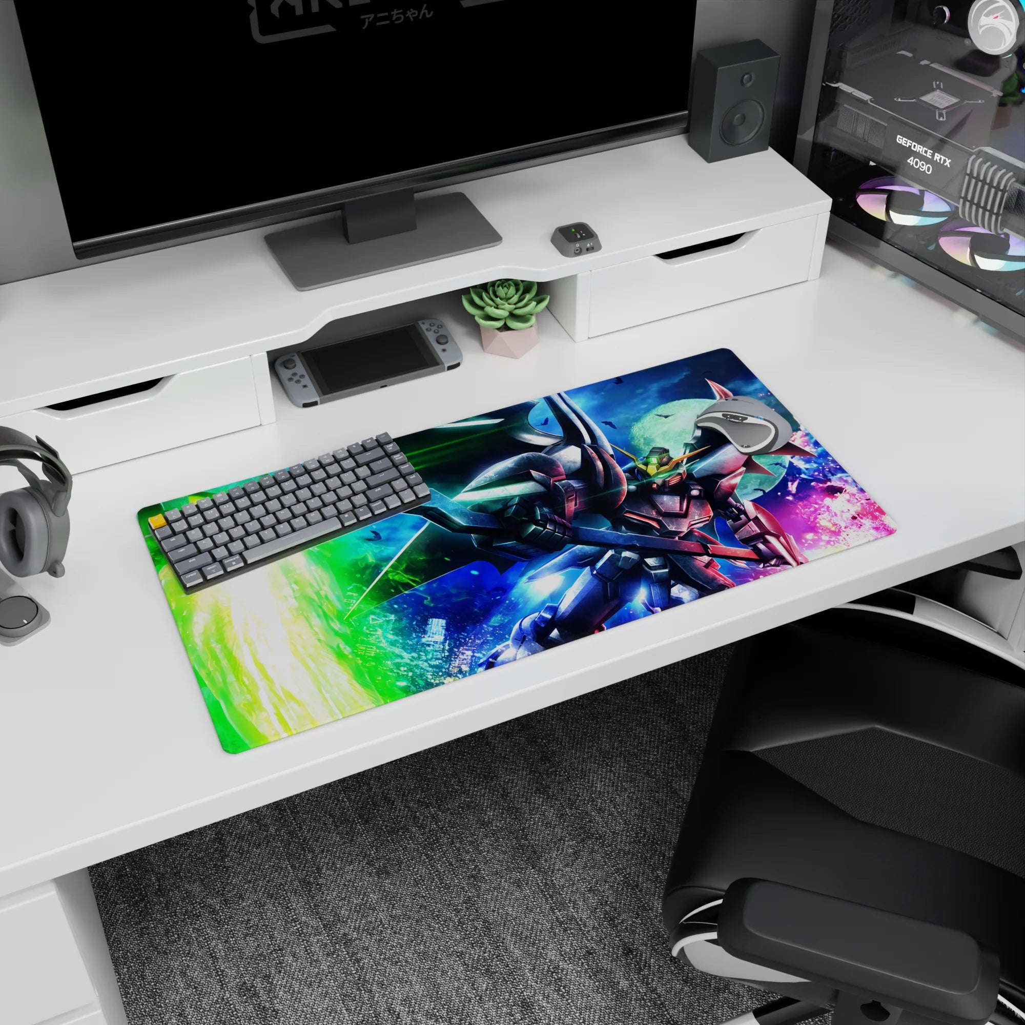32x16 inches Gundam Deathscythe mouse pad cutting through a neon sky with sharp armor edges and speed.