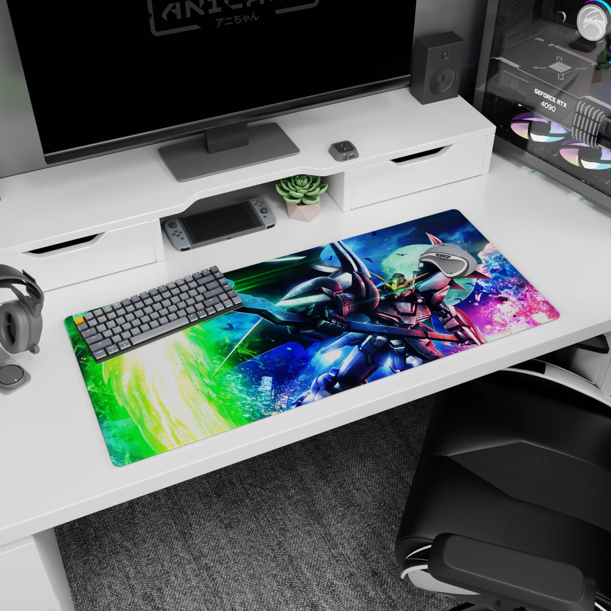 36x16 inches desk pad showing Gundam Deathscythe cutting through a moonlit neon skyline, poster-like action scene.