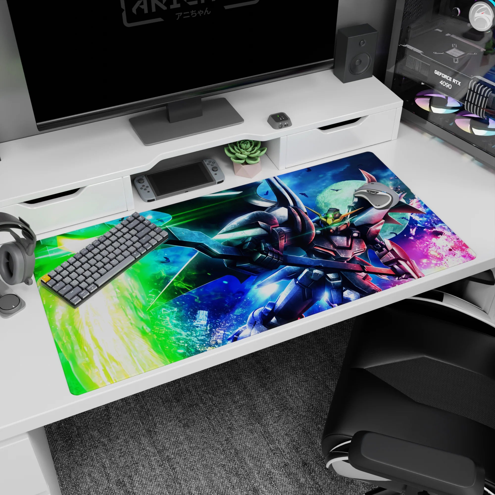Gundam Deathscythe in action under the moon, anime desk pad 40x20 inches with sharp armor edges.