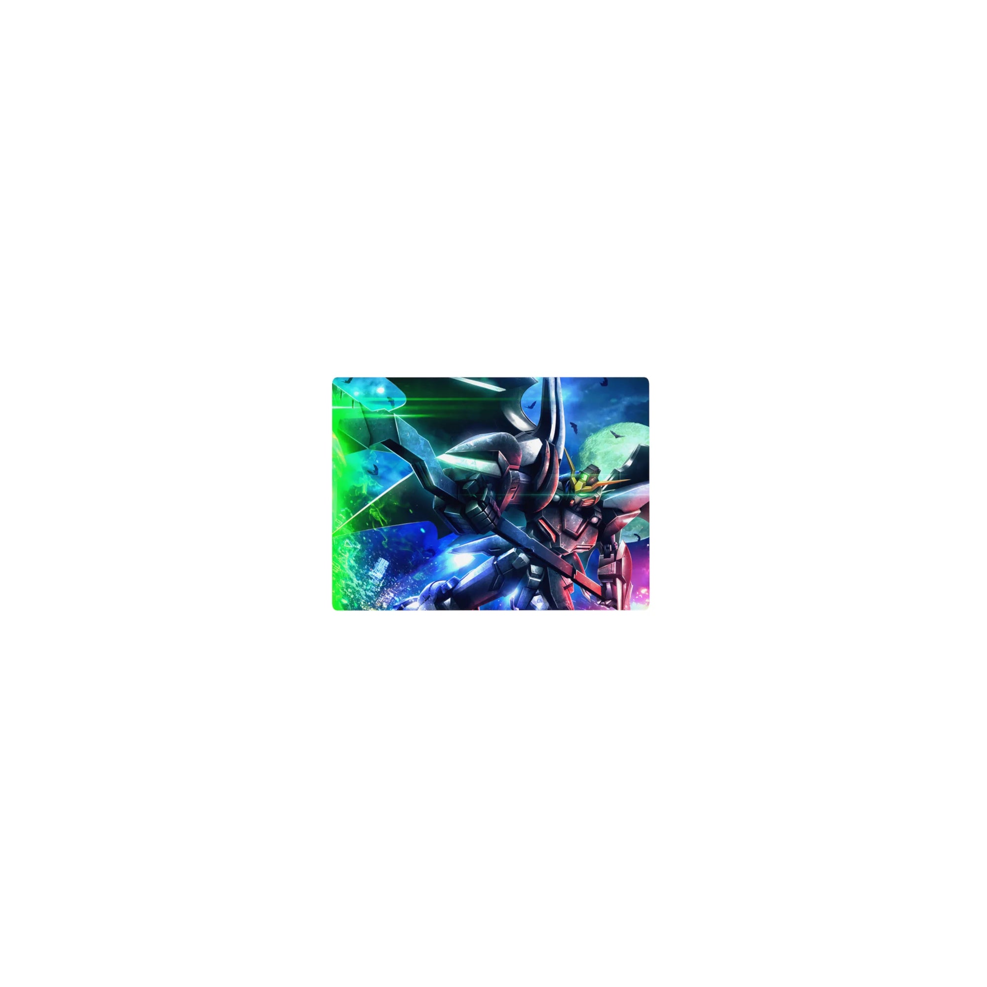 Classic anime mouse pad 14x10 inches with Gundam-style mecha slicing through a neon night sky.