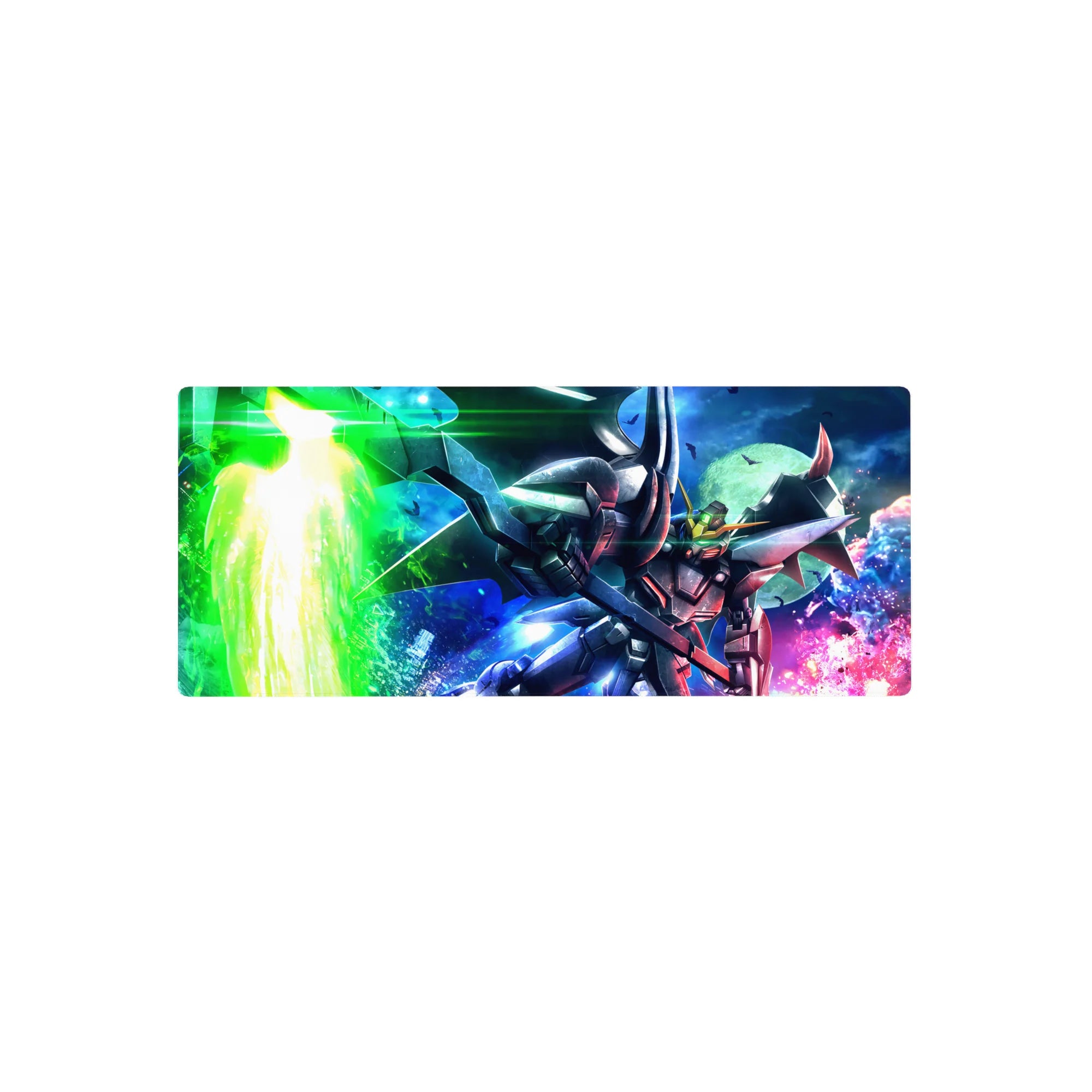 28x12 inches anime mouse pad with Gundam Deathscythe cutting through a neon sky, sharp armor and moonlit backdrop.