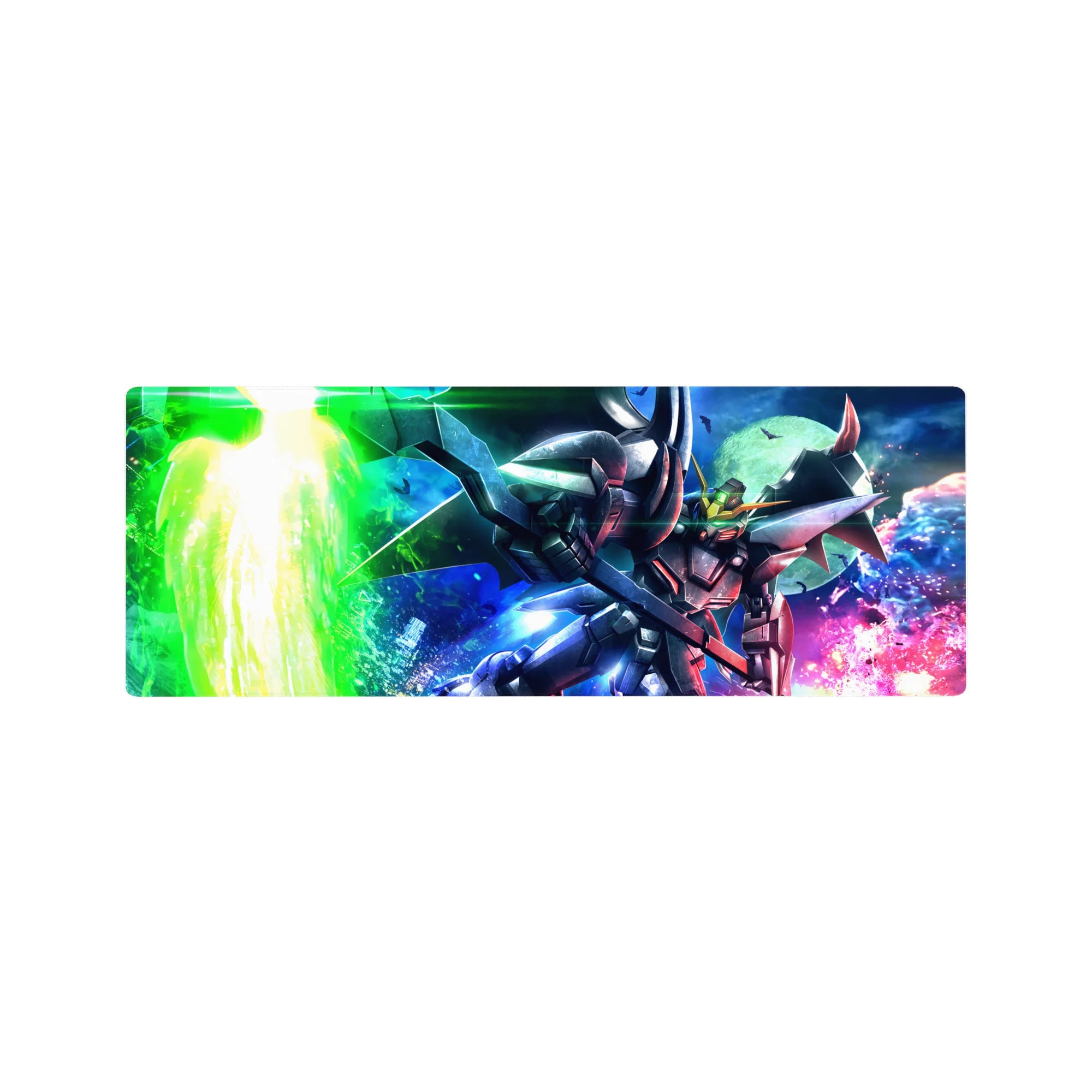 32x12 inches anime mouse pad with Gundam Deathscythe slicing through a neon night sky poster-style art.