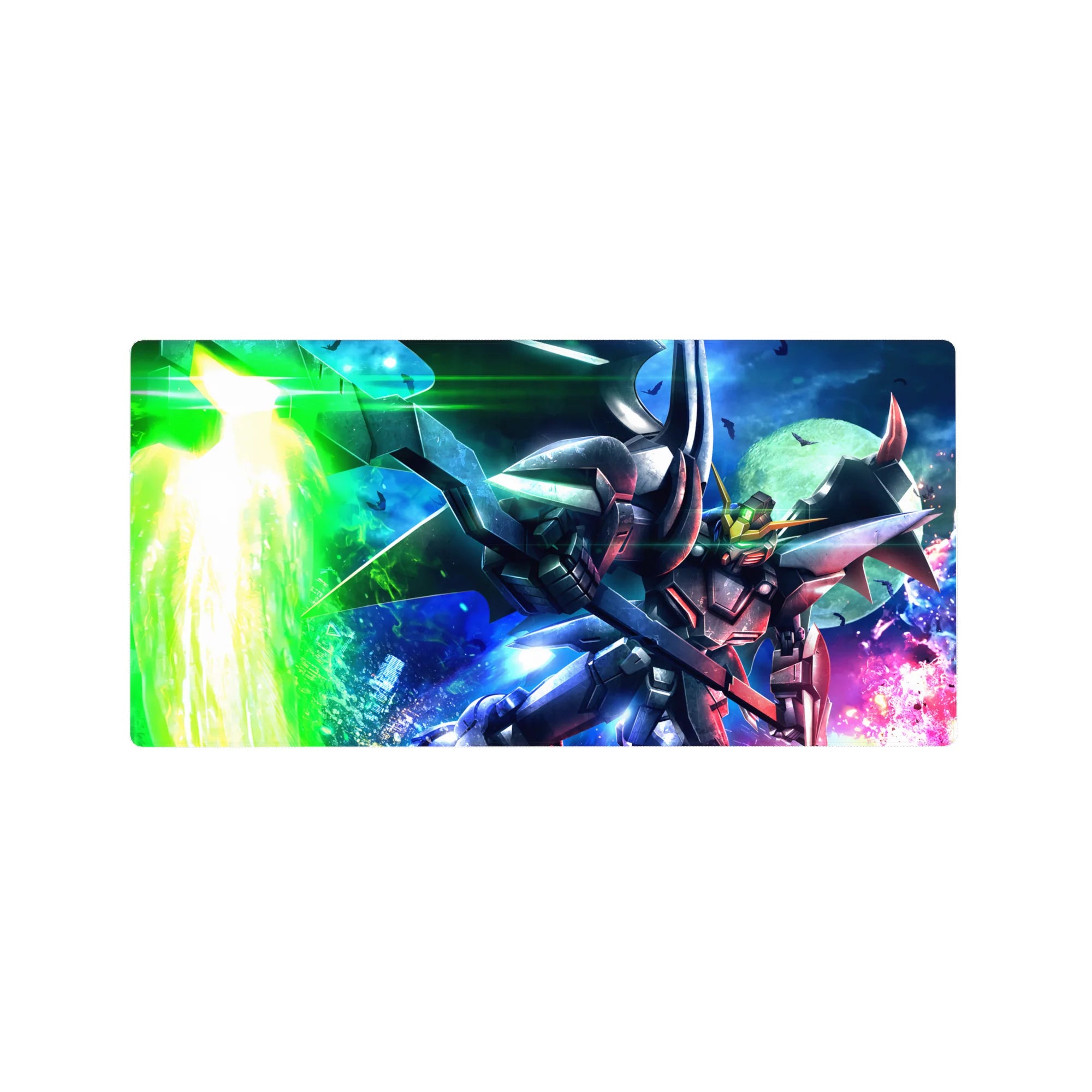 32x16 inches anime mouse pad with neon mecha slashing a moonlit sky, bold print for smooth tracking.