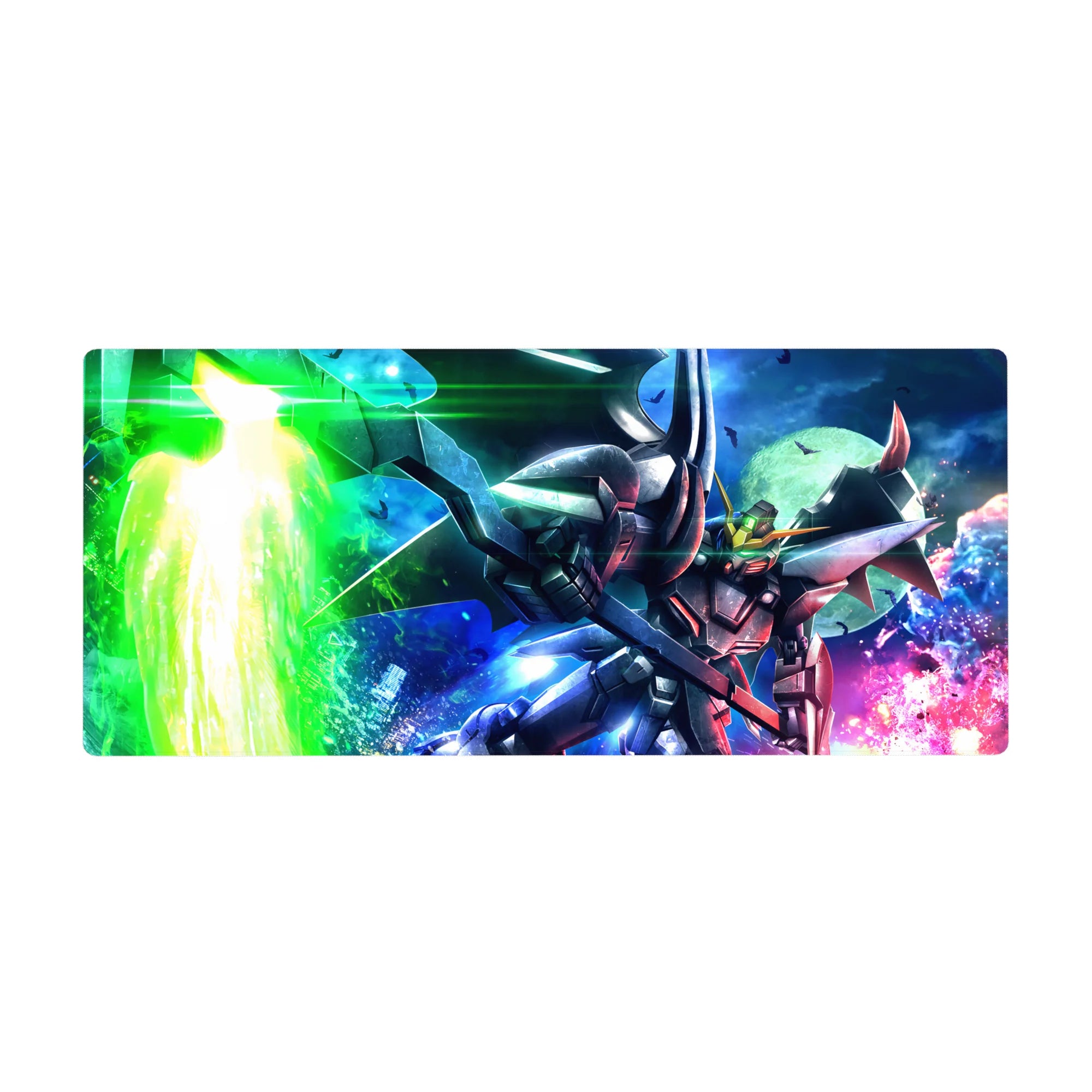 36x16 inches anime desk pad with Gundam Deathscythe slashing a neon sky, sharp armor, moonlit backdrop.