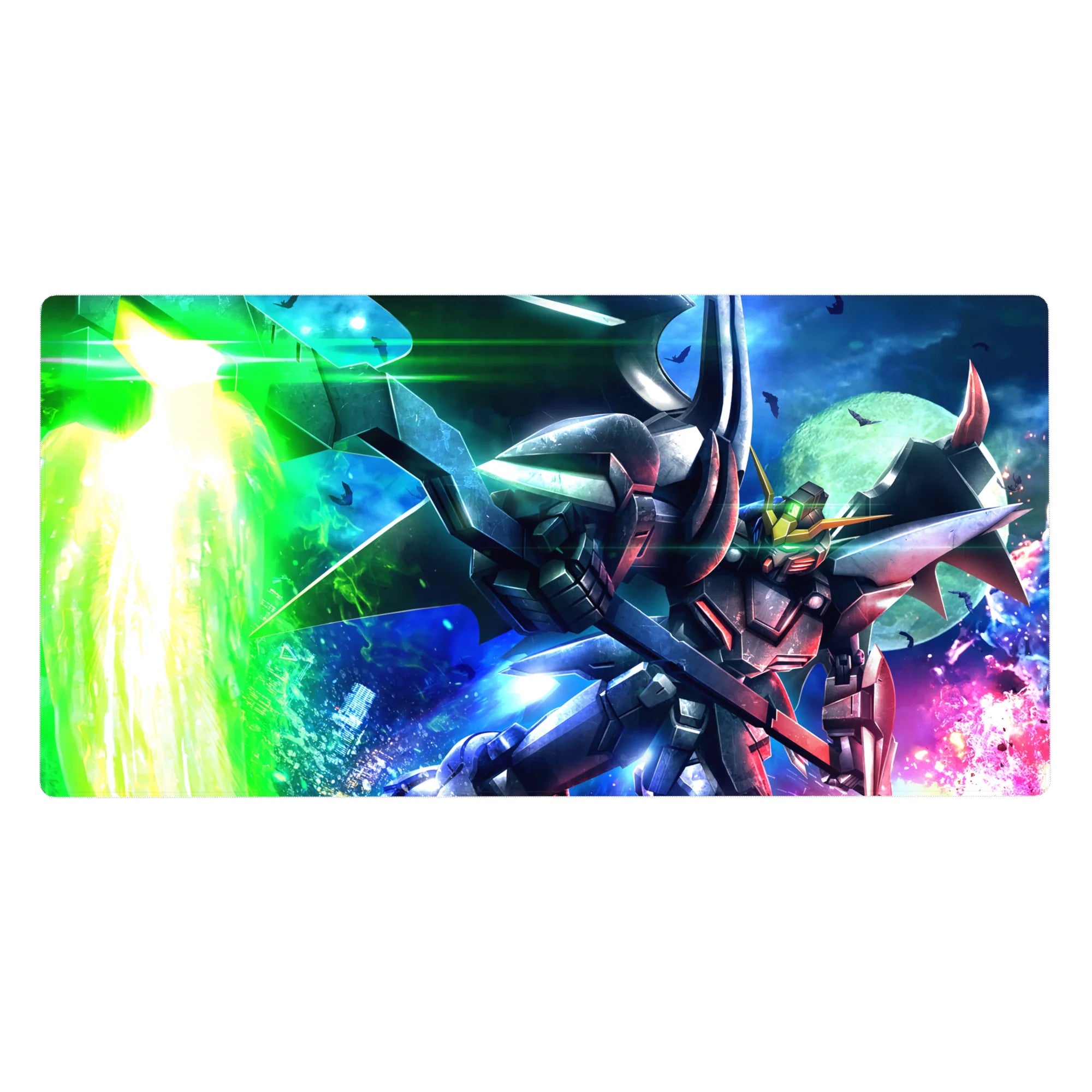Anime desk pad 40x20 inches featuring a mecha slashing through a neon sky with moonlit backdrop.