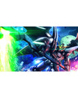 Anime desk pad 40x20 inches featuring a mecha slashing through a neon sky with moonlit backdrop.