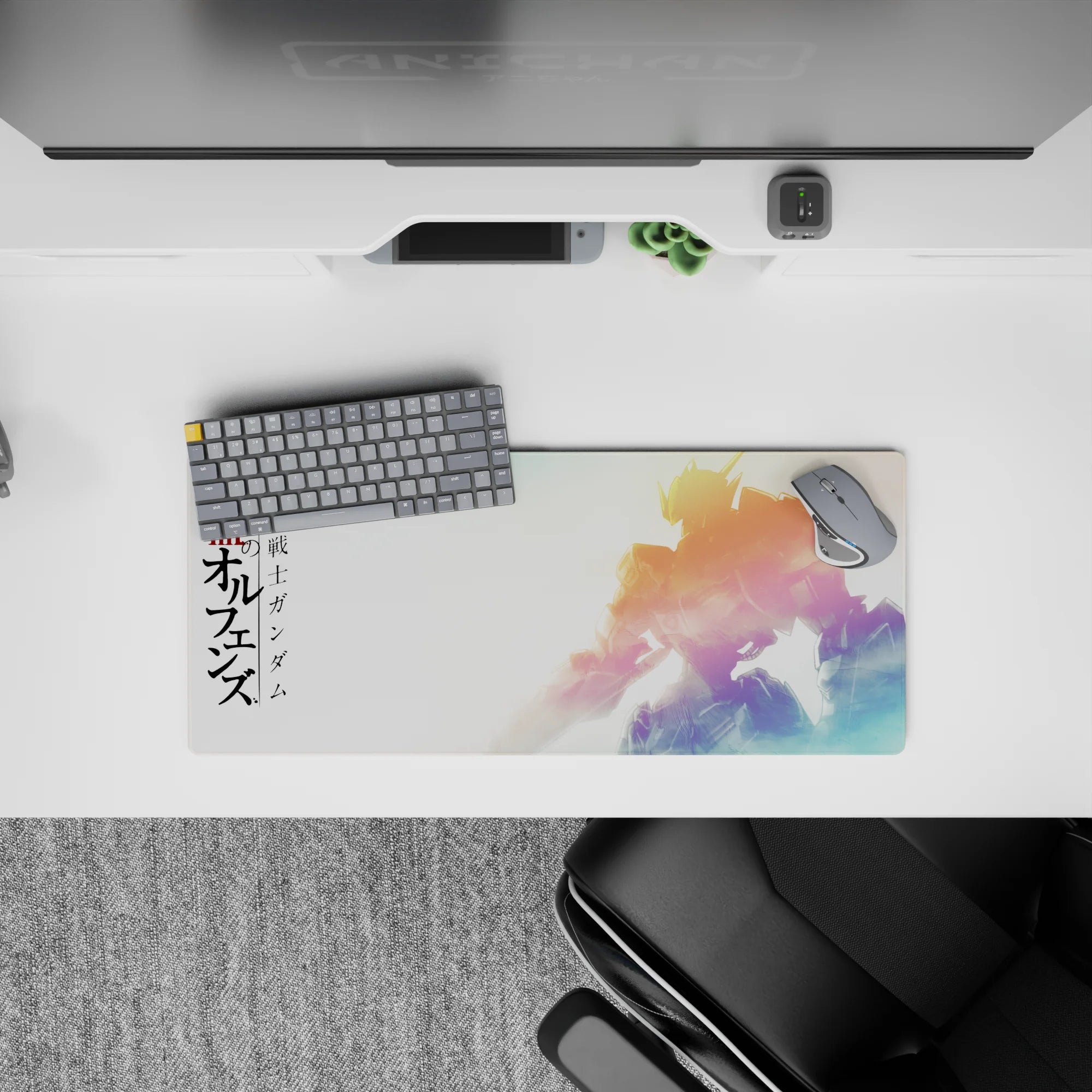 28x12 inches anime mouse pad in warm sunrise gold, soft pink, and cool blue tones for a calm pre-battle mood.