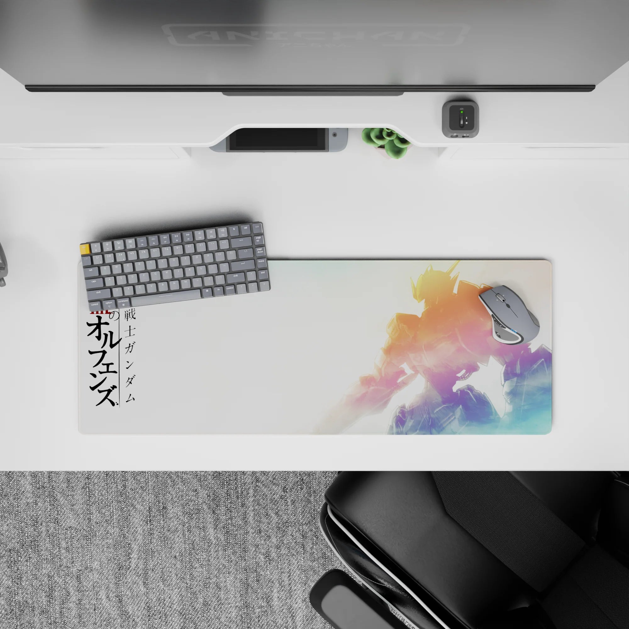 Sunrise gold to pink and cool blue haze anime mouse pad 32x12 inches, calm yet battle-ready mood.