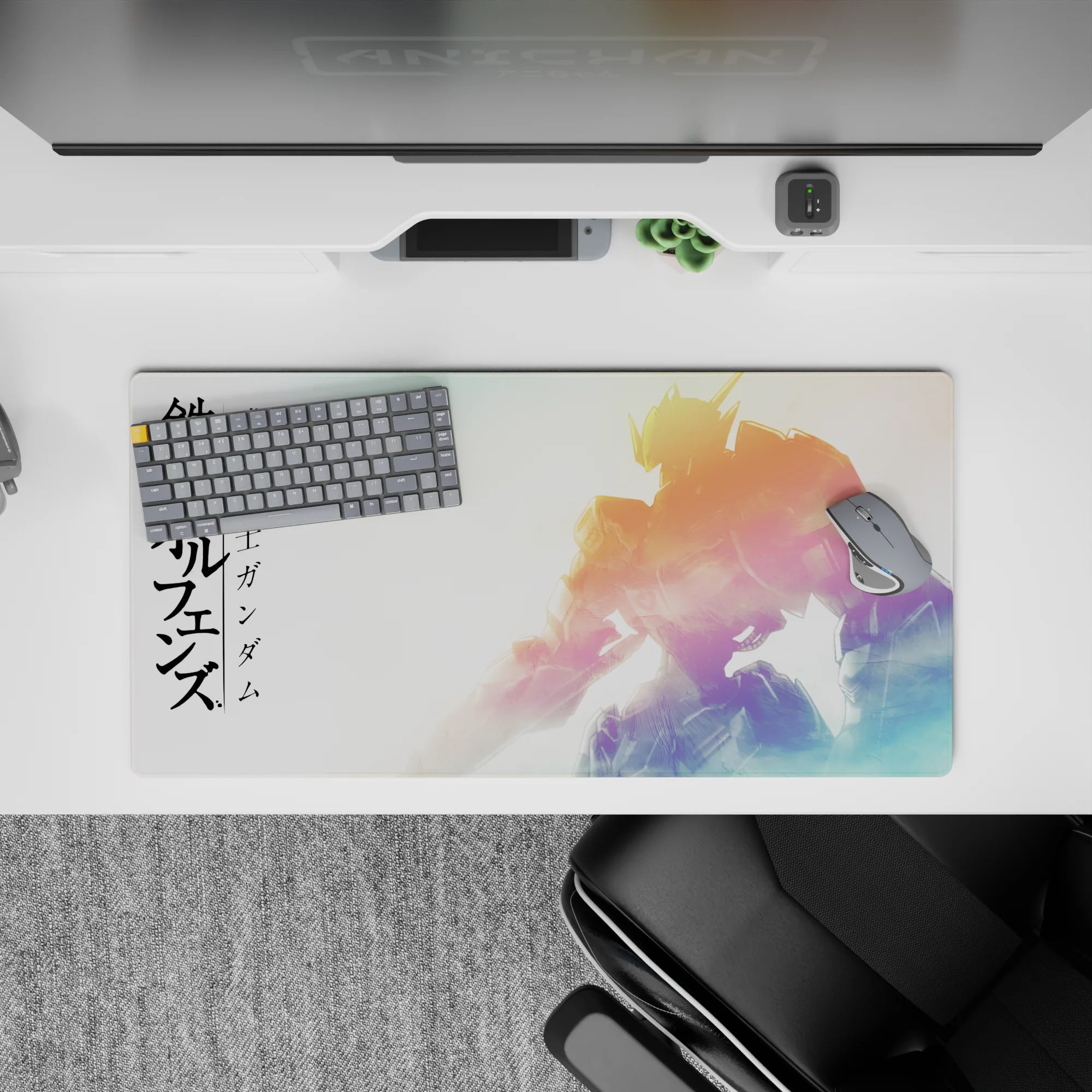 32x16 inches anime mouse pad in dreamy sunrise gold, soft pinks, and cool blues for a calm battle-ready mood.
