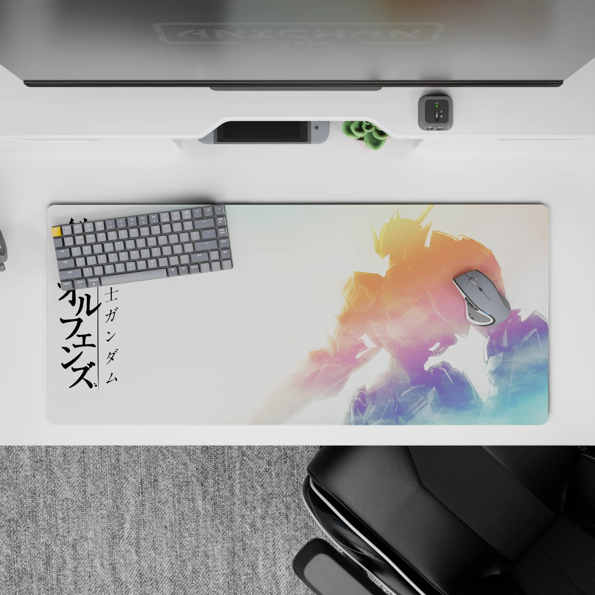 36x16 inches anime desk pad in sunrise gold, soft pink, and cool blue haze for a calm battle-ready mood.