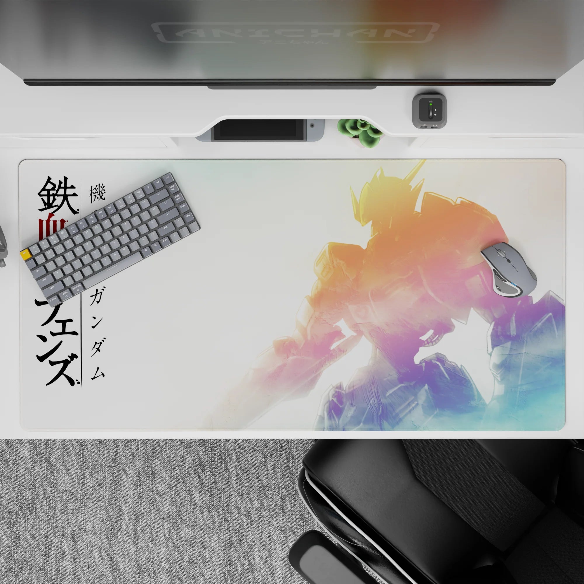 40x20 inches anime desk pad in sunrise gold, soft pink, and cool blue haze with calm pre-battle vibe.