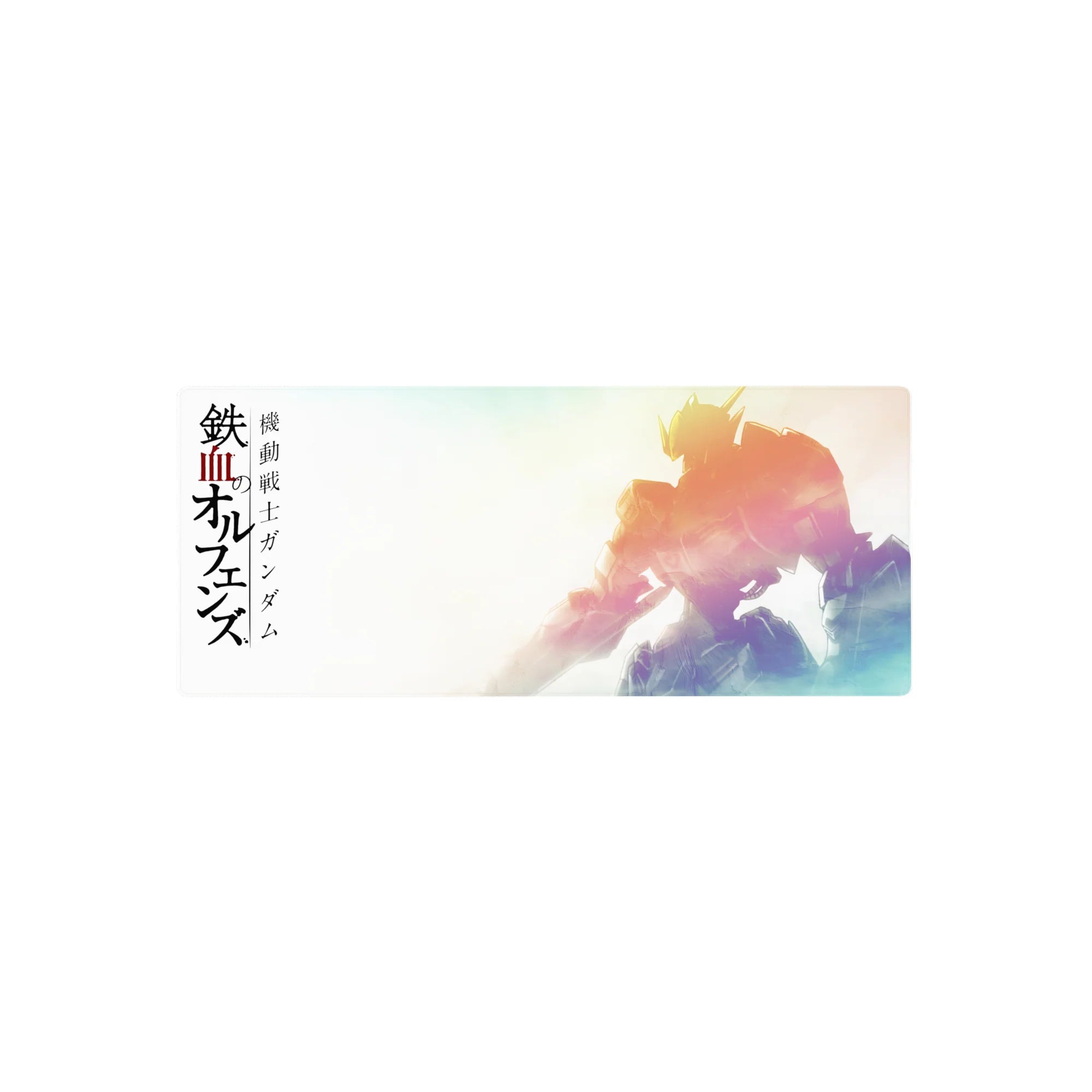 28x12 inches anime mouse pad featuring Gundam Barbatos silhouette with bold Japanese lettering and haze backdrop.