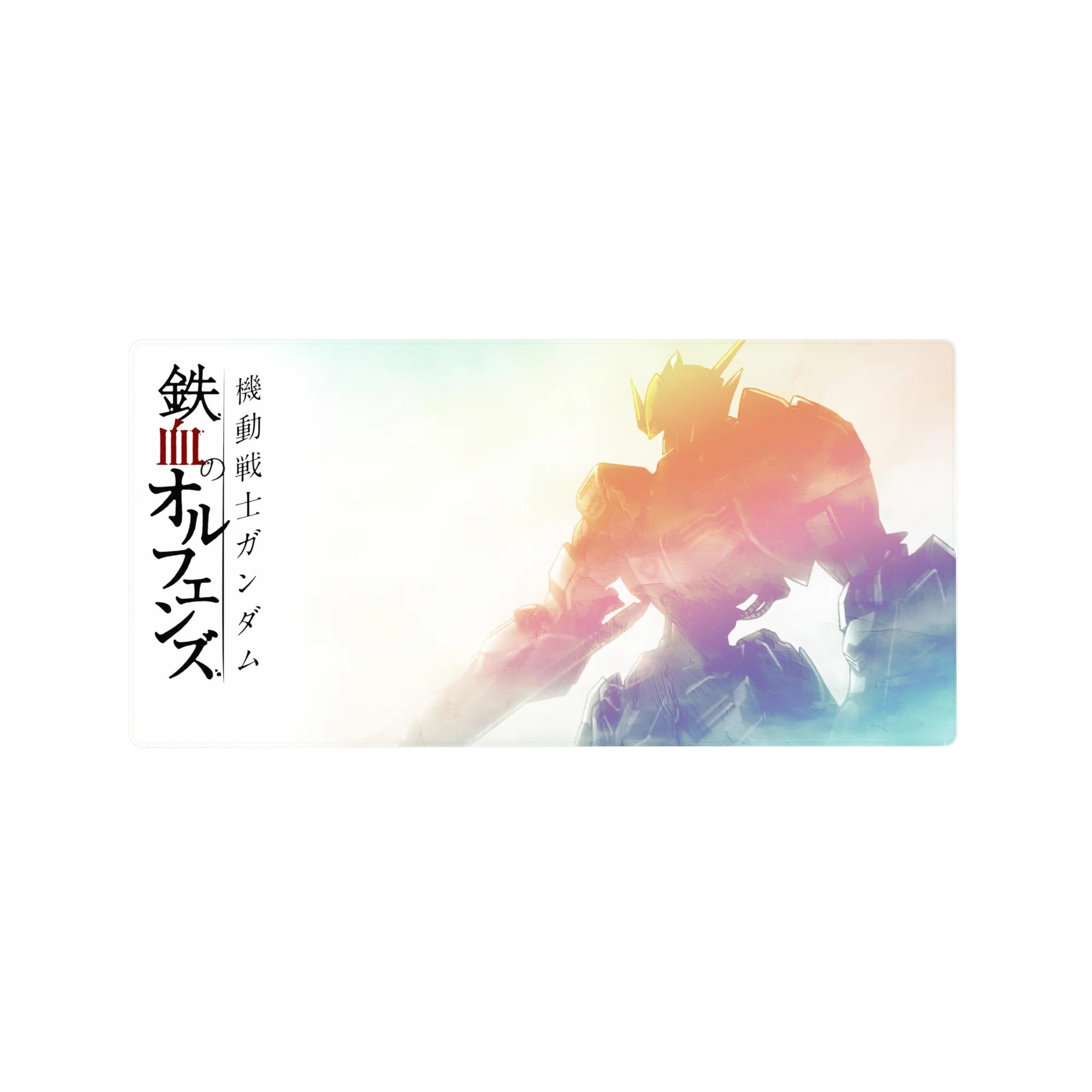 32x16 inches anime mouse pad with Gundam Barbatos silhouette, sunrise gradient, and bold Japanese text.