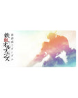 32x16 inches anime mouse pad with Gundam Barbatos silhouette, sunrise gradient, and bold Japanese text.
