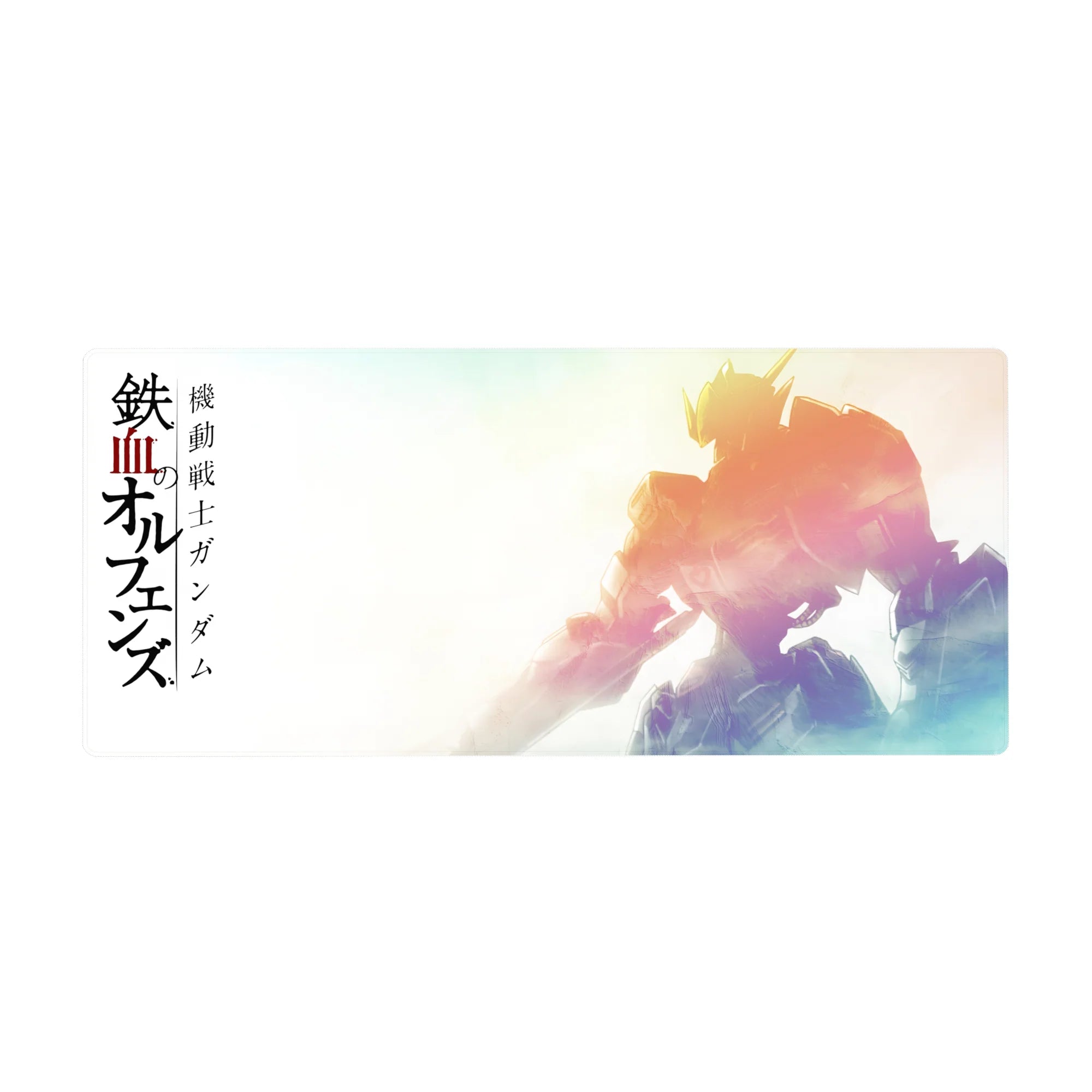 36x16 inches anime desk pad with Gundam Barbatos silhouette, Japanese lettering, poster-style layout.