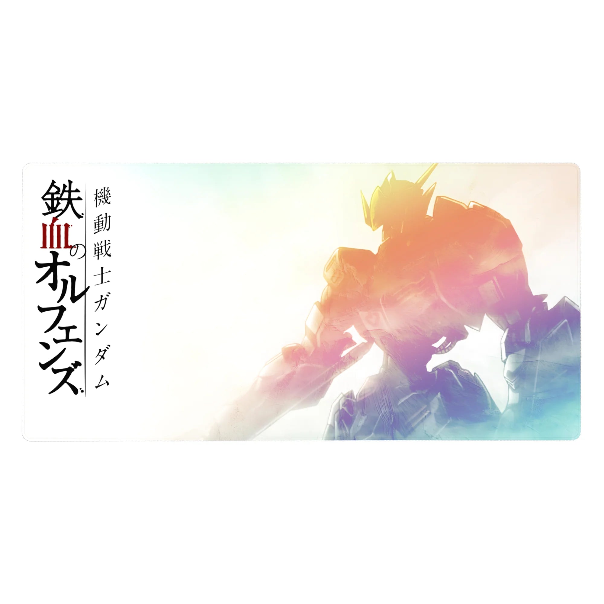 40x20 inches anime desk pad with Gundam Barbatos silhouette, Japanese lettering, clean poster-style layout.