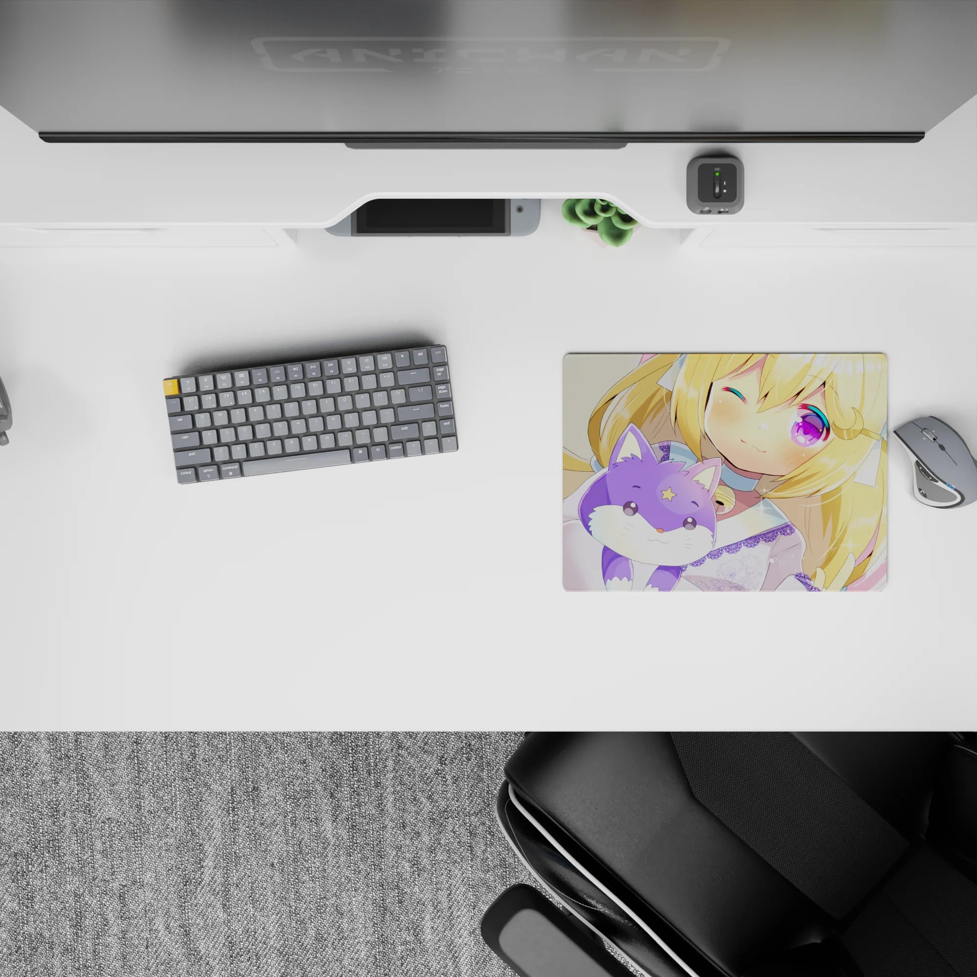 Pastel kawaii 14x10 inches anime mouse pad in butter yellow and lilac, violet eyes, butterflies.