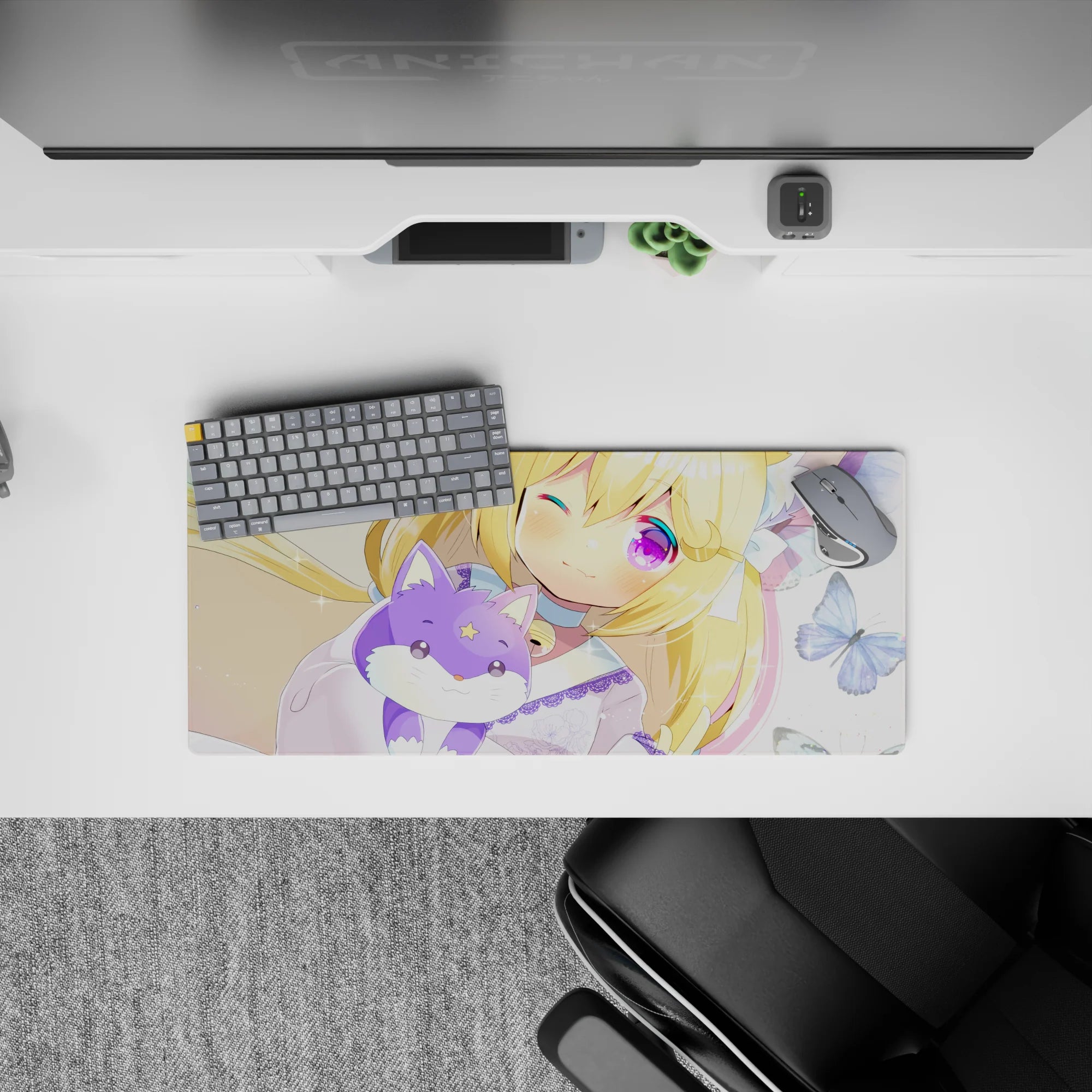 28x12 inches pastel kawaii mouse pad in butter yellow, pink blush, and glittery violet eyes with dreamy sparkle vibe.