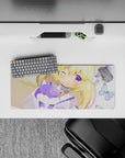 28x12 inches pastel kawaii mouse pad in butter yellow, pink blush, and glittery violet eyes with dreamy sparkle vibe.