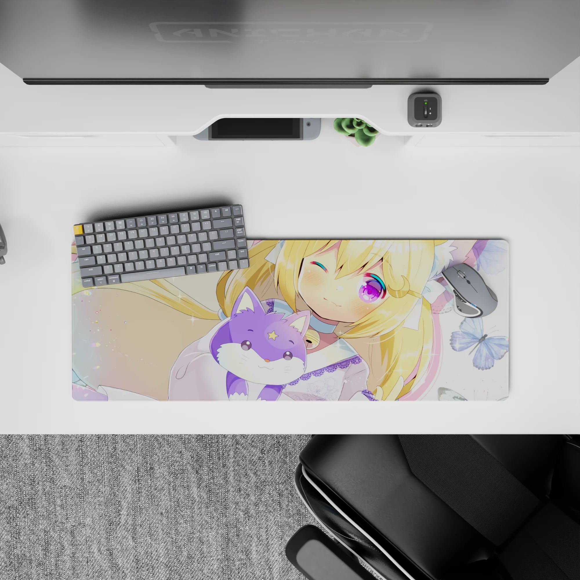 32x12 inches pastel kawaii mouse pad in butter yellow, pink blush, violet eyes, dreamy glitter mood.
