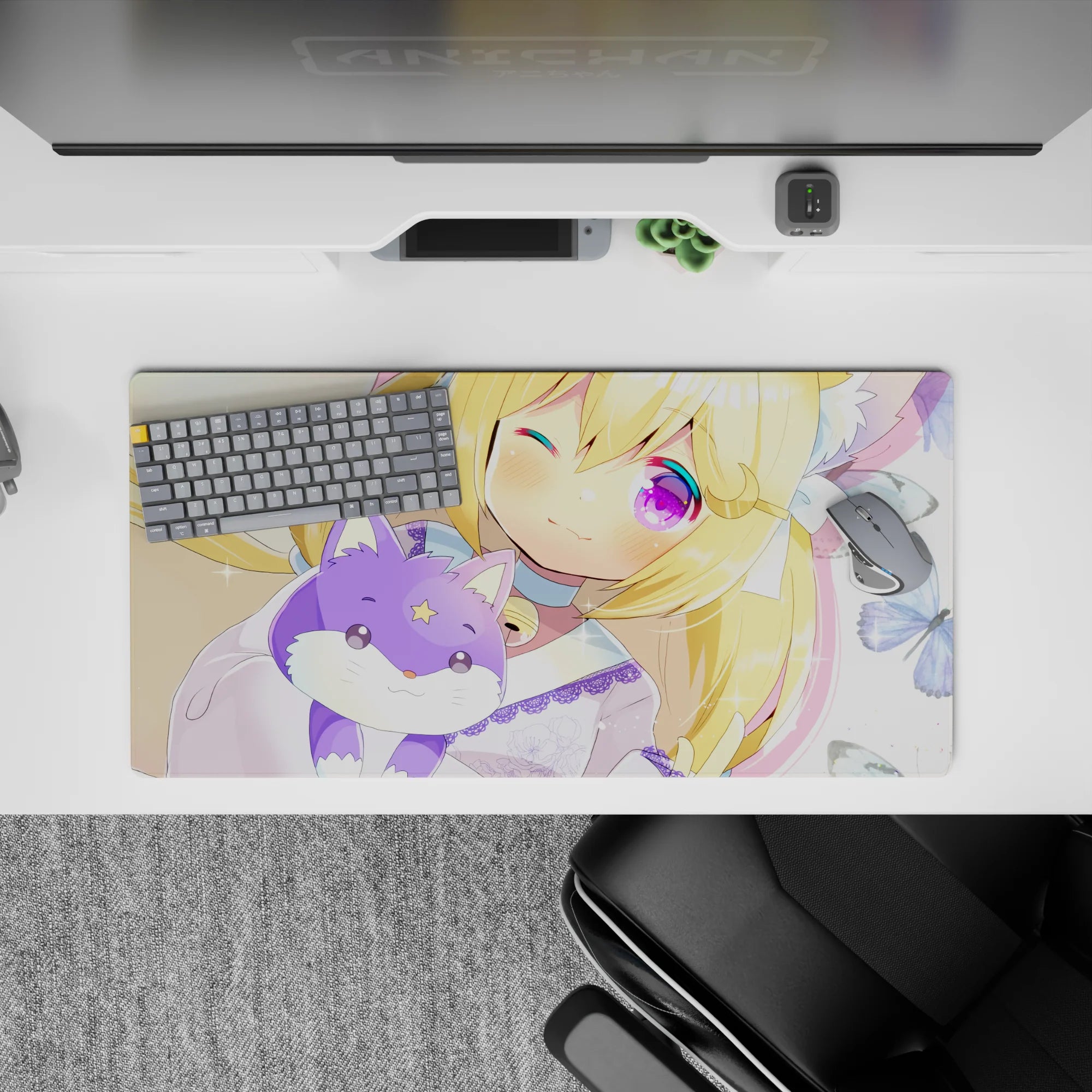 32x16 inches pastel kawaii mouse pad in butter-yellow, pink blush, and glittery violet eyes, dreamy vibe.