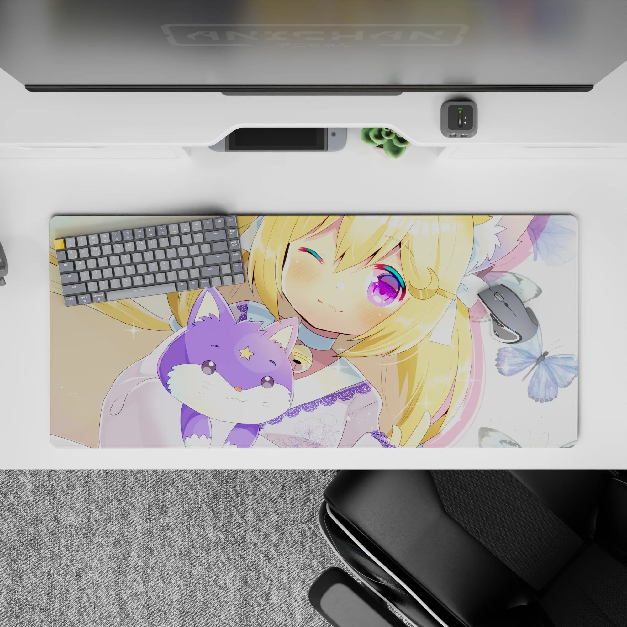 36x16 inches pastel kawaii desk pad in butter-yellow, pink blush, and violet sparkle eyes for a dreamy vibe.
