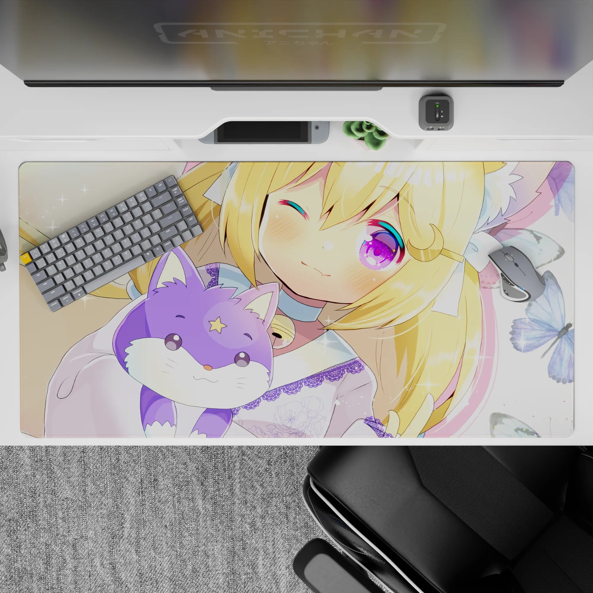 Pastel kawaii anime desk pad 40x20 inches in butter yellow, pink blush, and violet glitter eyes.