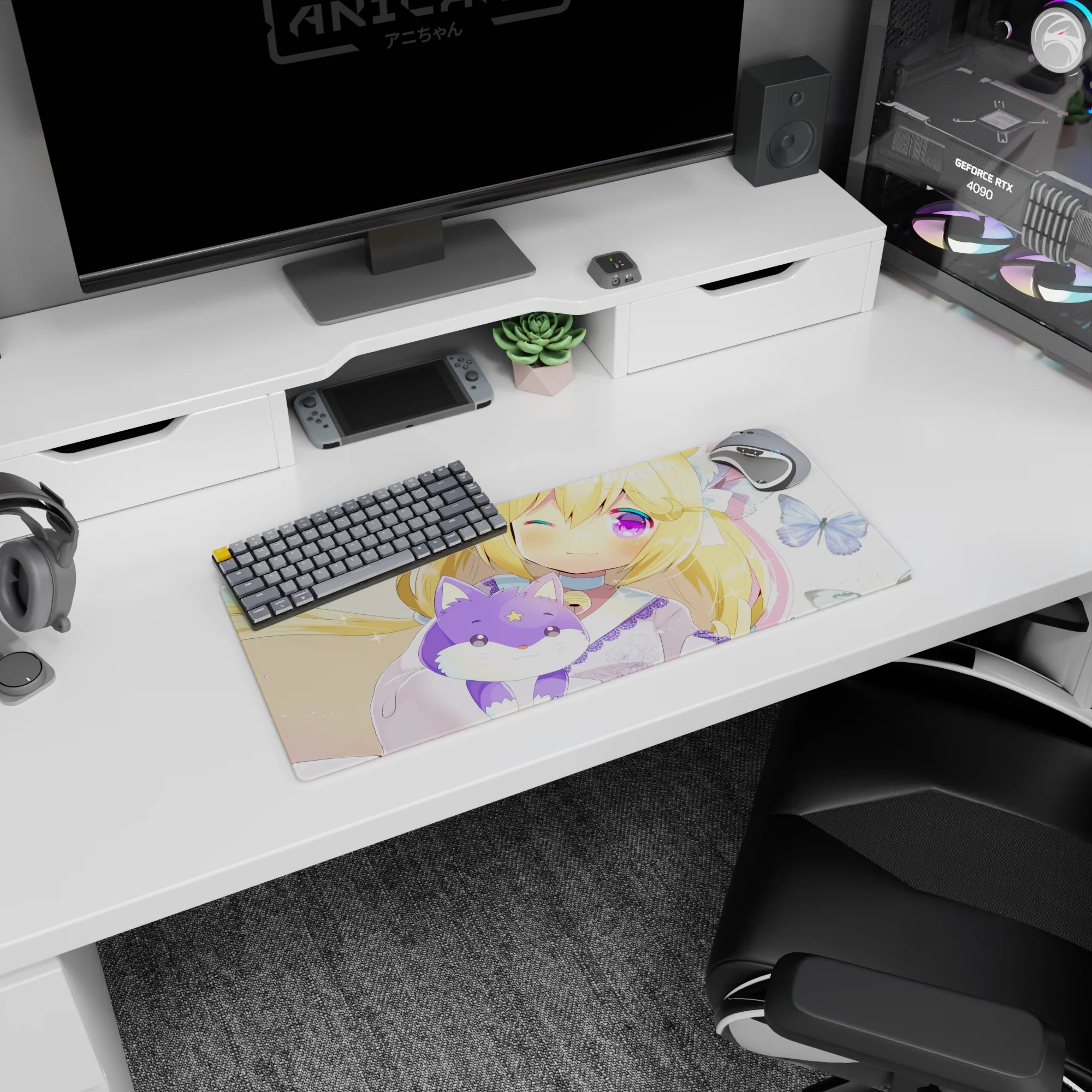 28x12 inches mouse pad showing kitty-eared blonde anime girl cuddling a lilac fox plush with a star on its forehead.