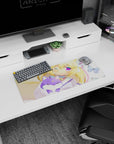 28x12 inches mouse pad showing kitty-eared blonde anime girl cuddling a lilac fox plush with a star on its forehead.